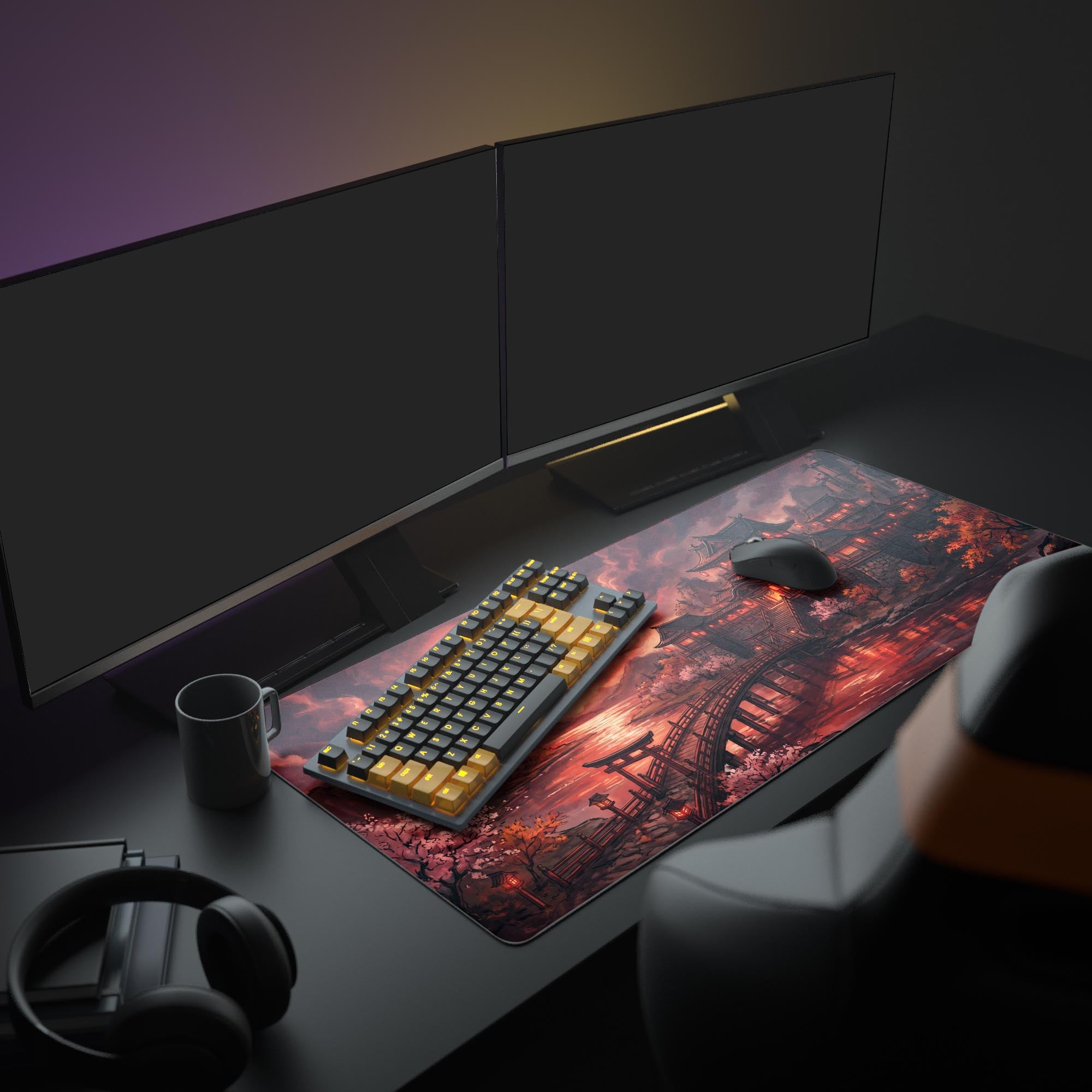 Detailed view of the ultra-smooth surface and vibrant crimson red Japanese architecture print on the desk mat.