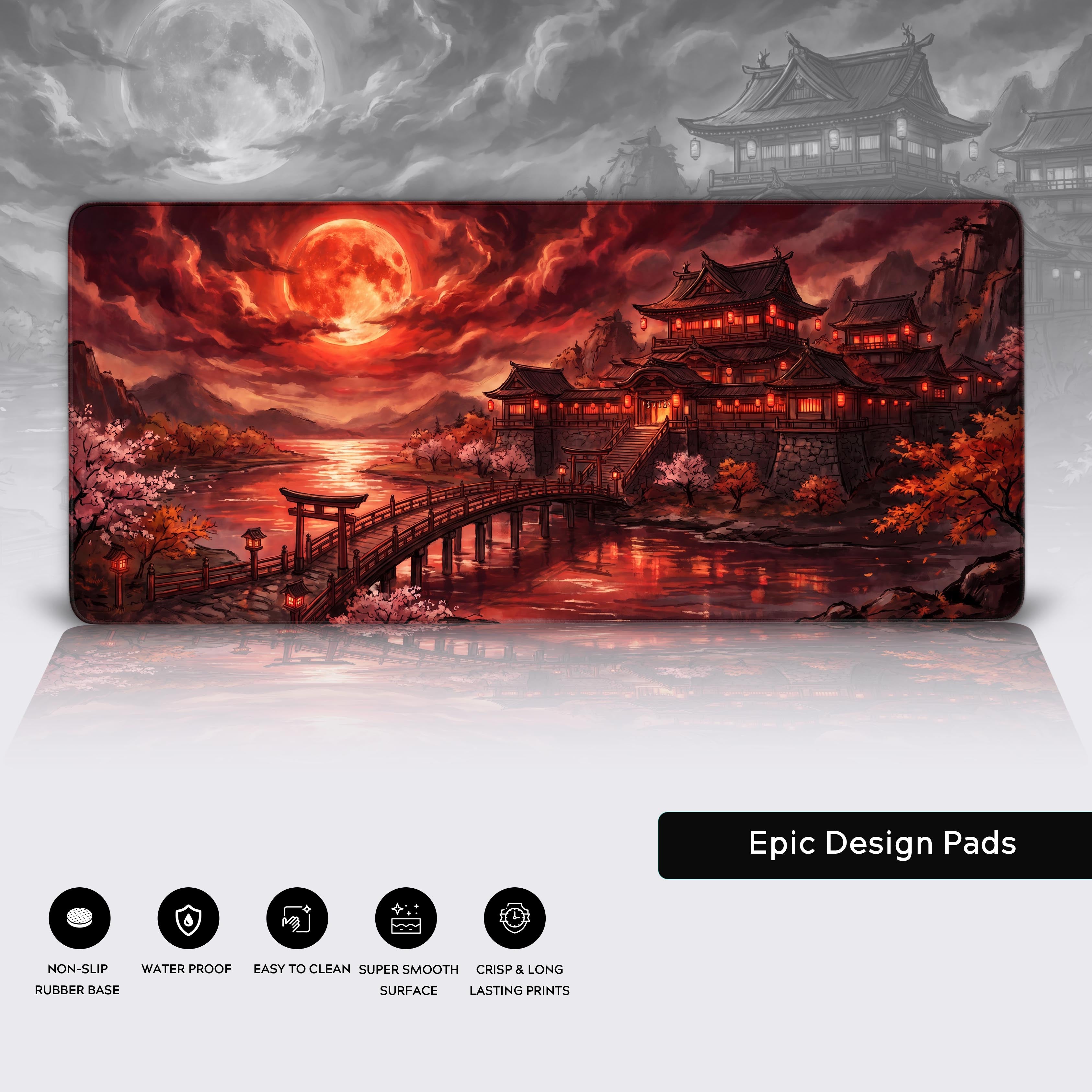 Infographic showcasing the desk mat features including non-slip rubber base, water-proof surface, easy to clean material, and super smooth glide.