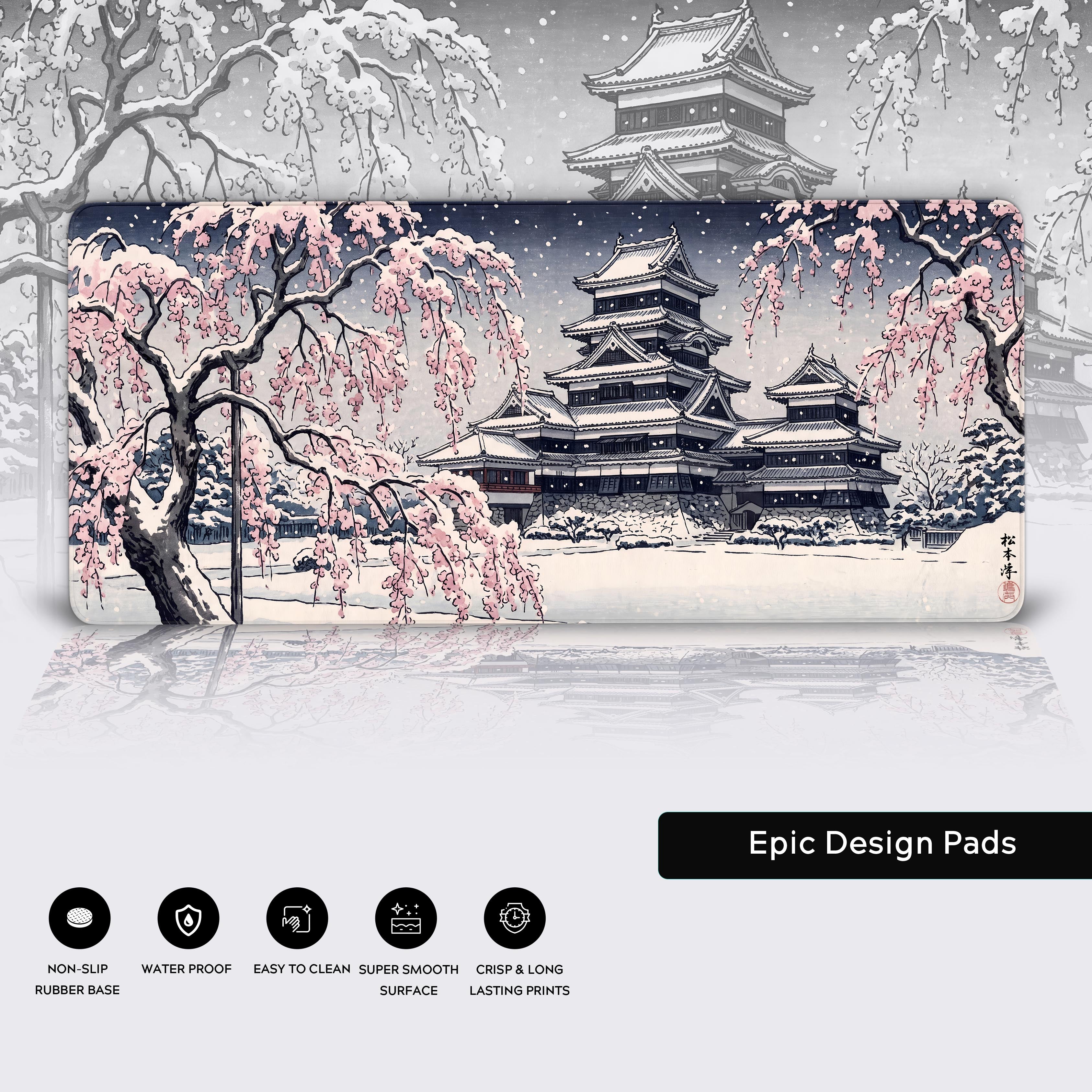 Full view of the snowy Japanese castle desk mat showing the serene winter Ukiyo-e aesthetic.