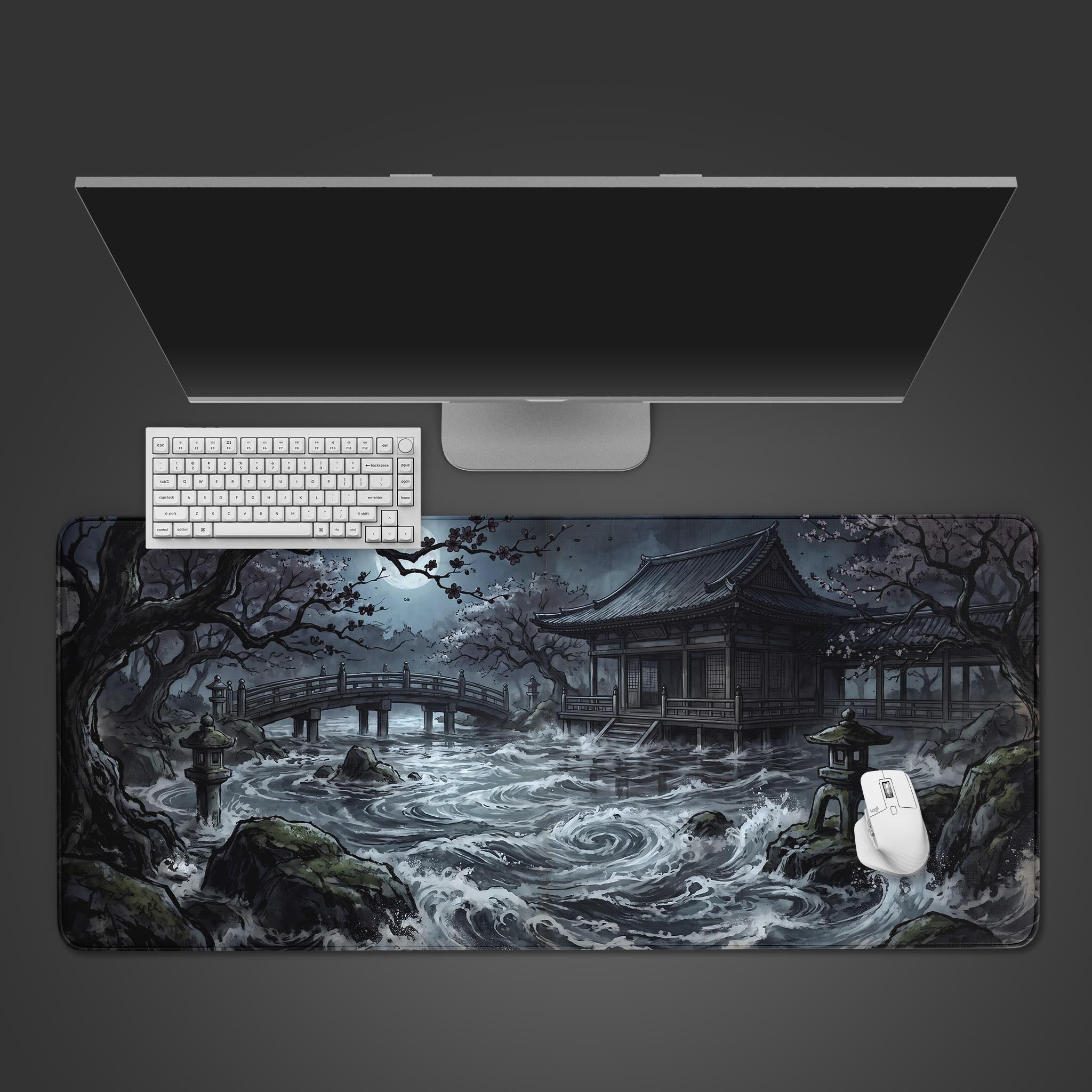 A desk mat showcasing a moonlit pavilion surrounded by turbulent waves in a traditional black and white ink wash style.