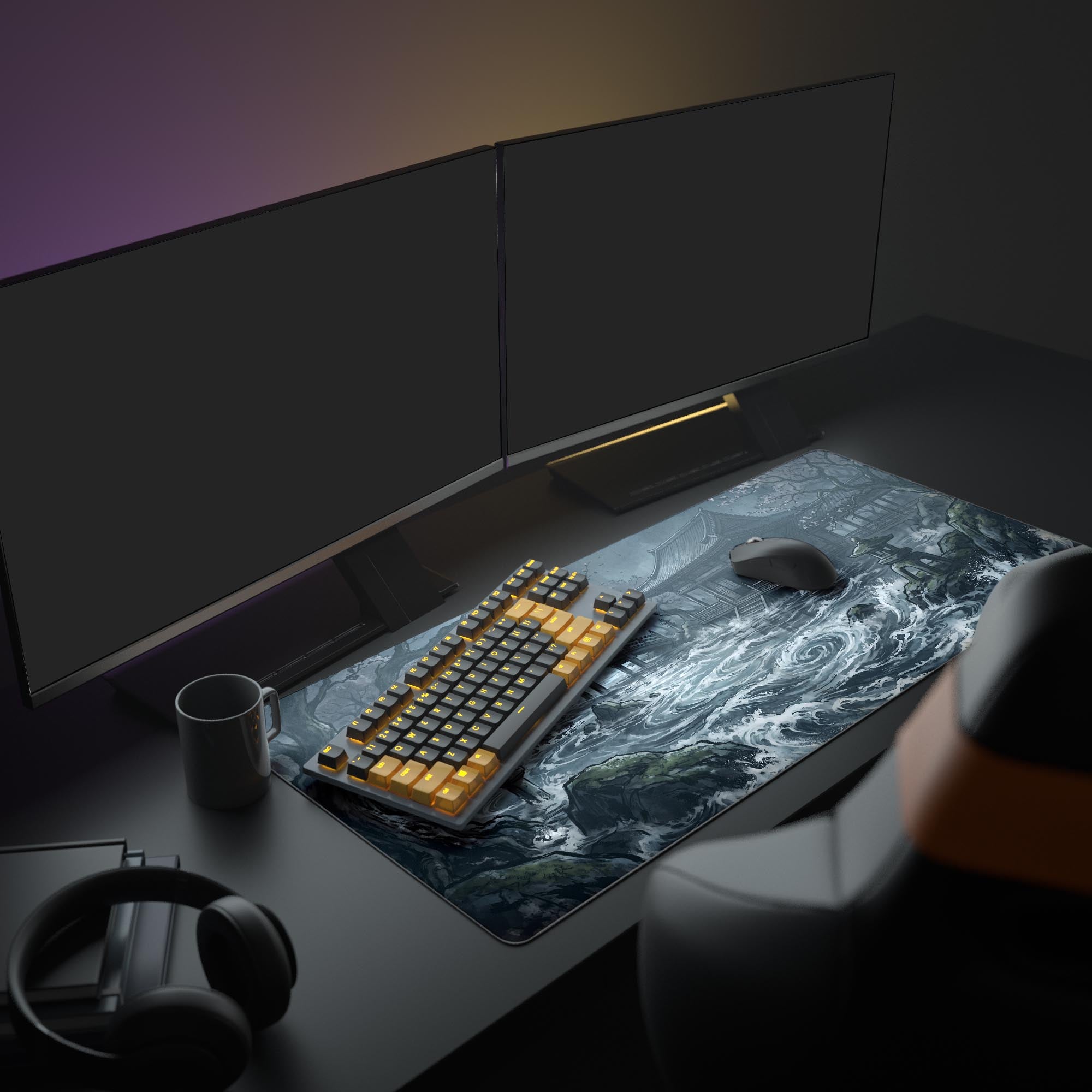 Desk mat design featuring an arched bridge, stone lanterns, and twisted trees under a full moon.