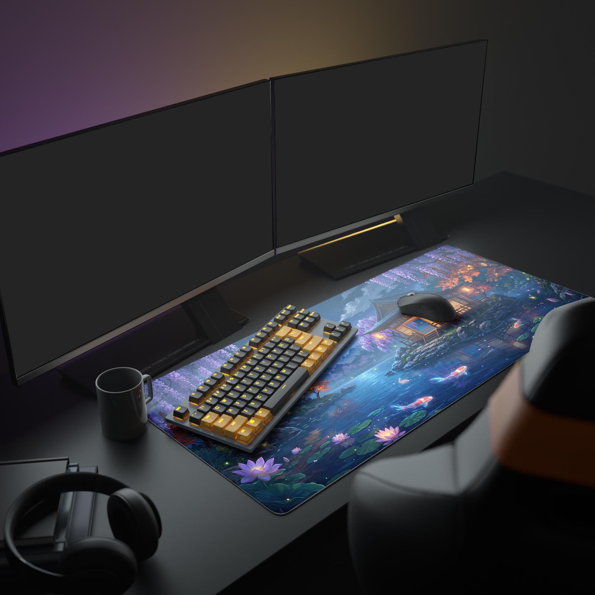 Close-up details of the glowing koi fish swimming among pink lotus flowers on a smooth gaming mouse pad surface