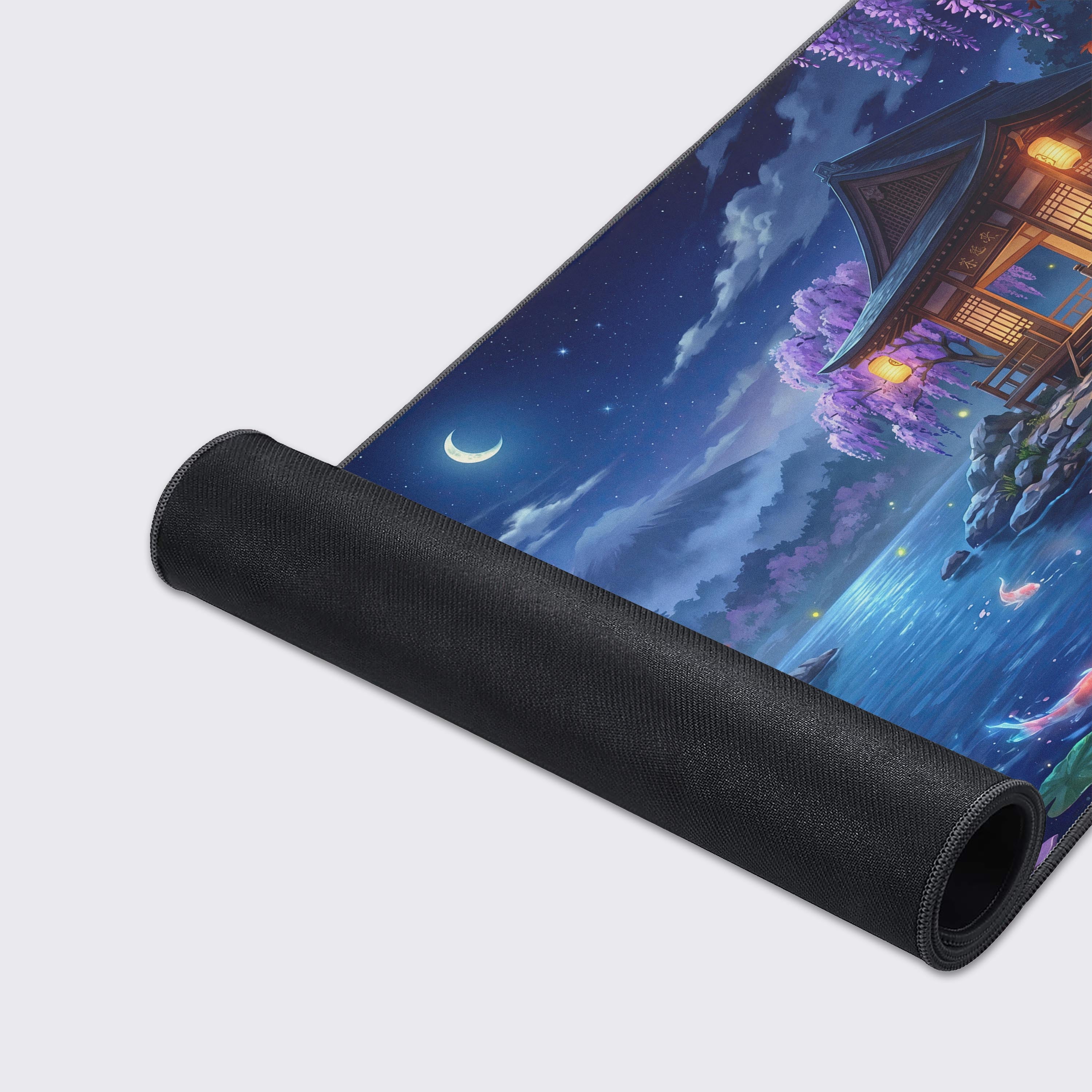 Magical night scene with a crescent moon, starry sky, and cascading purple wisteria on an extended desk mat