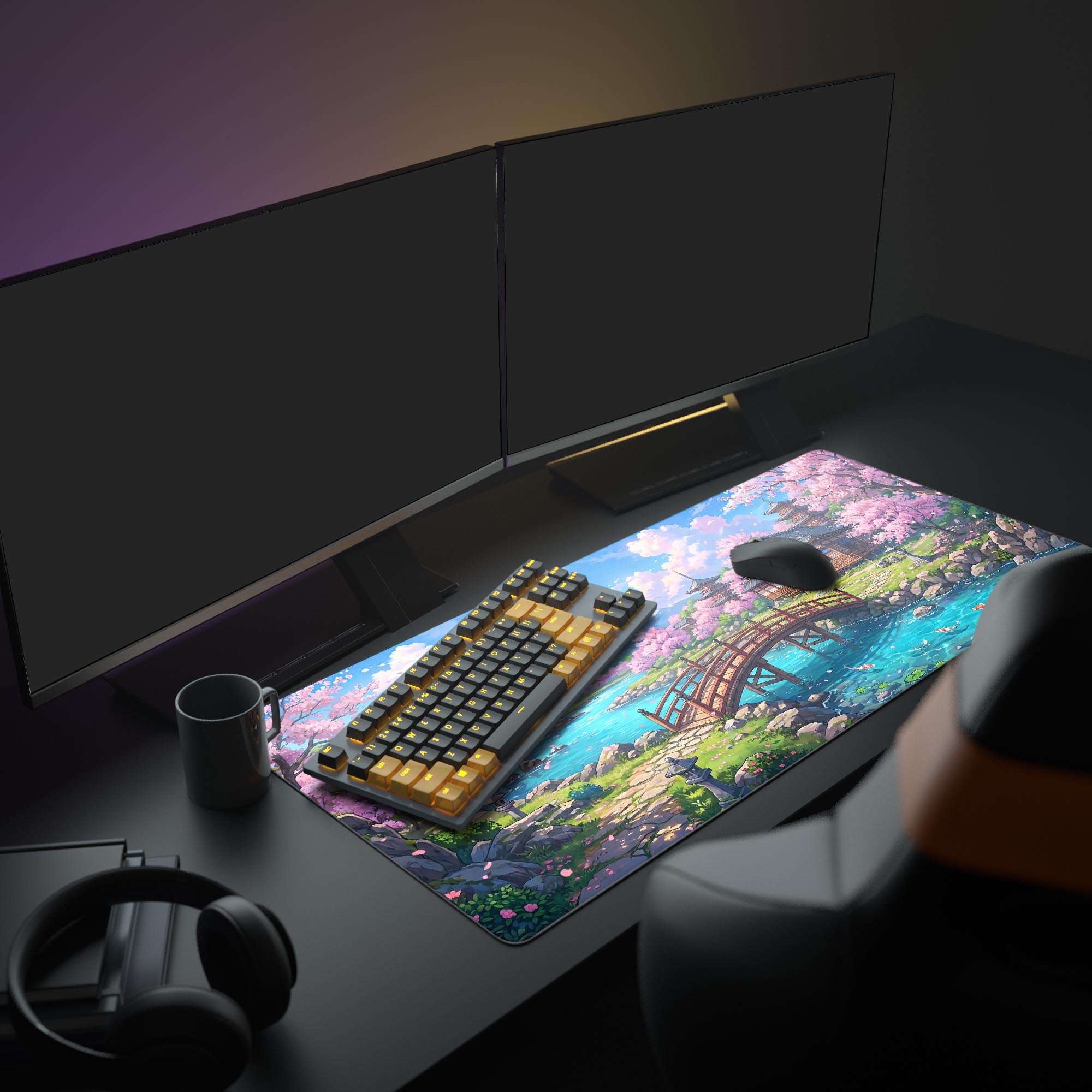 Close-up of smooth desk mat surface showing detailed anime-style koi pond and wooden bridge artwork.