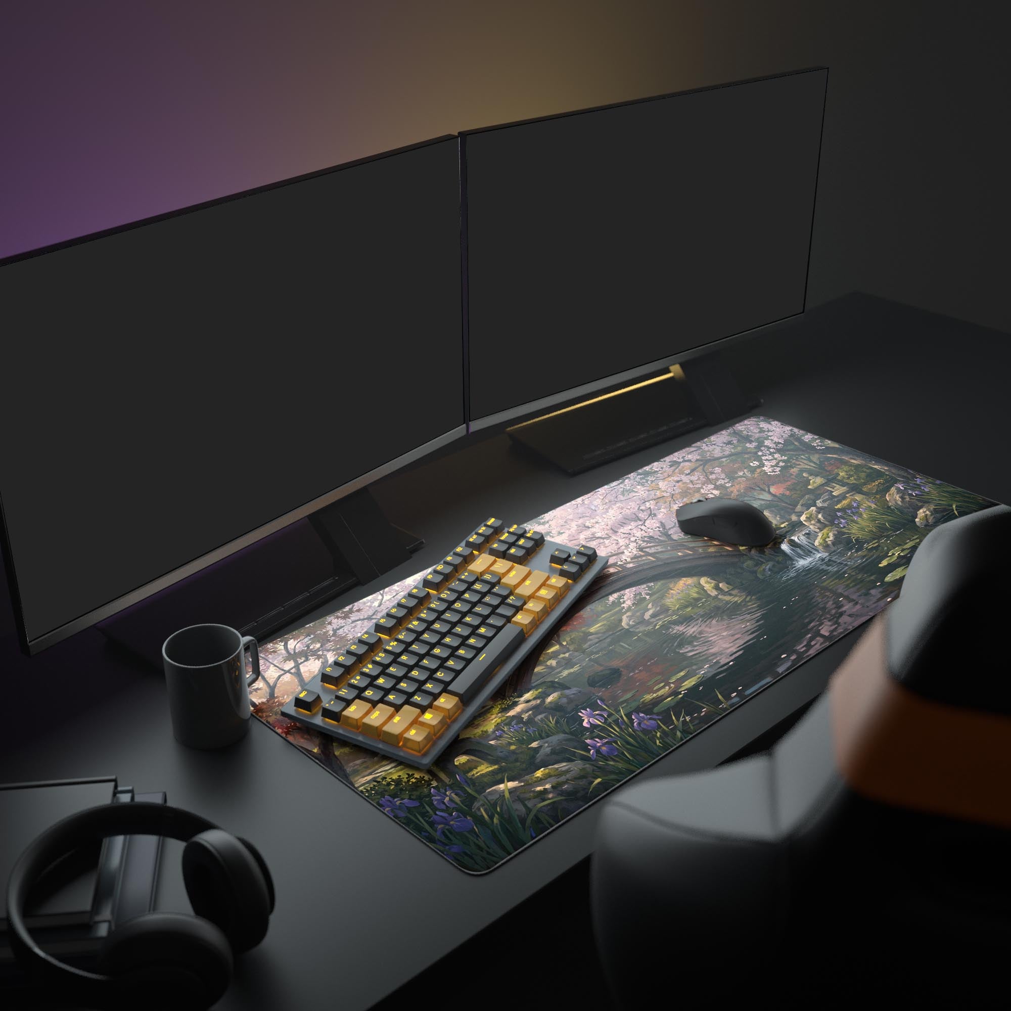 Close-up of the Sakura Zen Garden mouse pad showing vibrant pink cherry blossoms and purple irises.