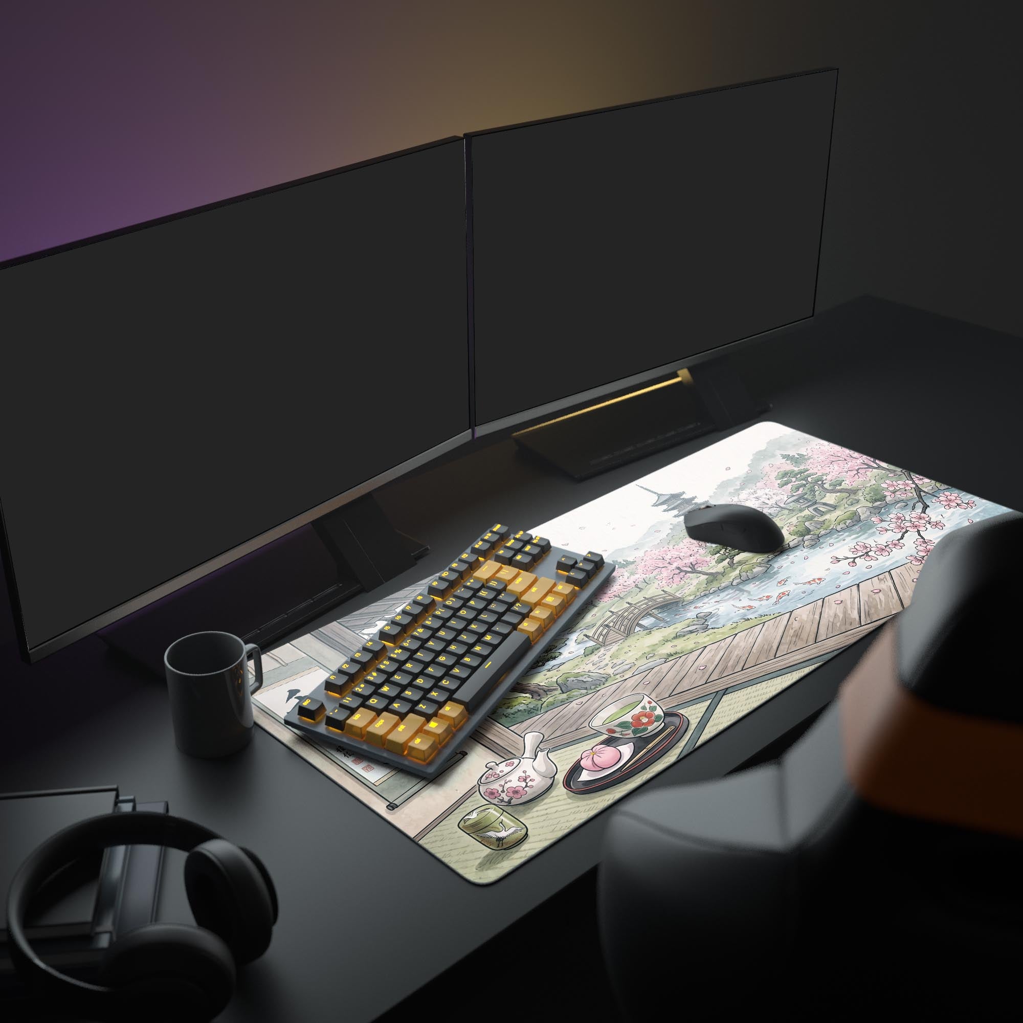 Close-up of the smooth mouse pad surface showing vibrant pink sakura tree and watercolor Japanese landscape details.