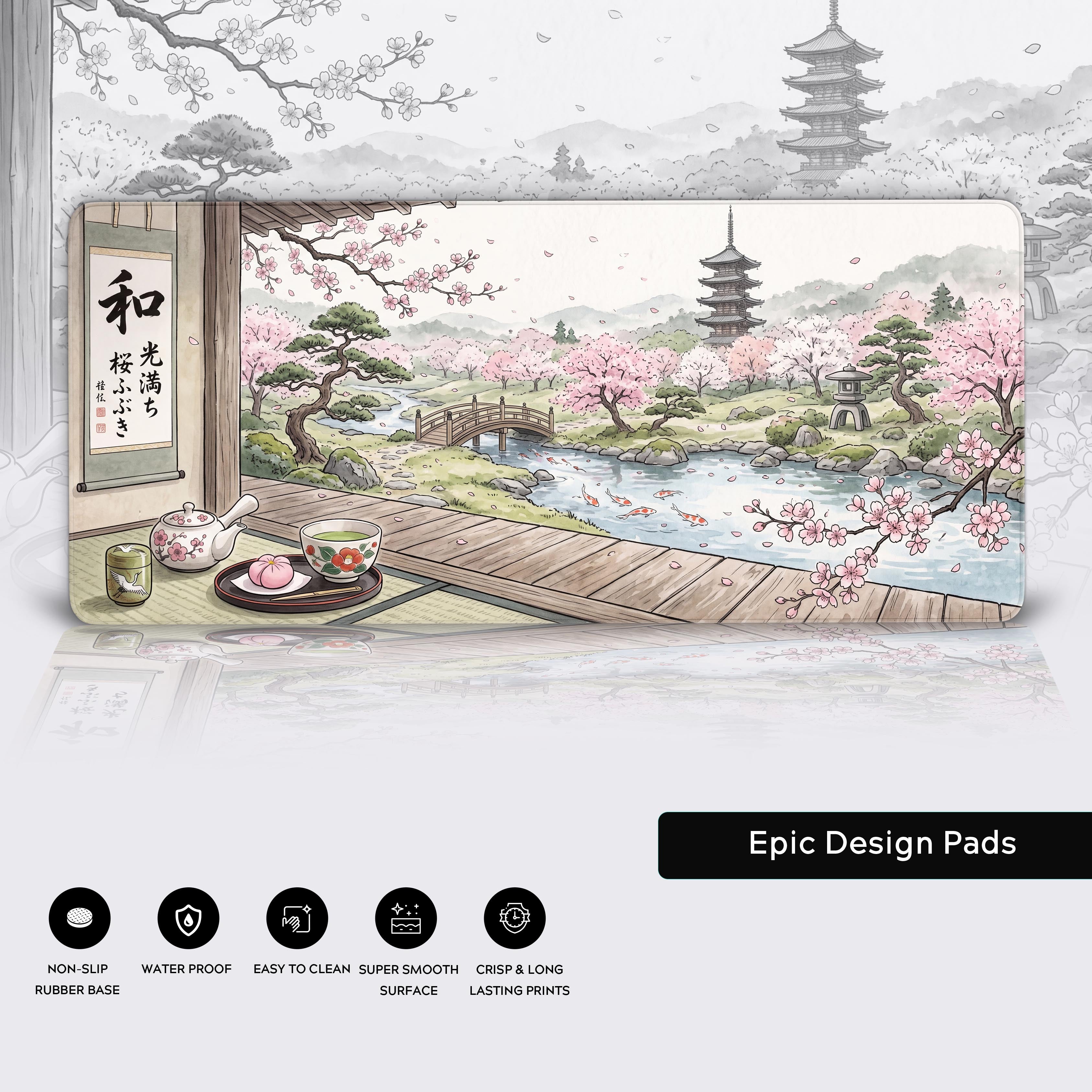 Product features graphic showing non-slip rubber base, waterproof surface, and long-lasting print icons for the Japanese Garden desk mat.