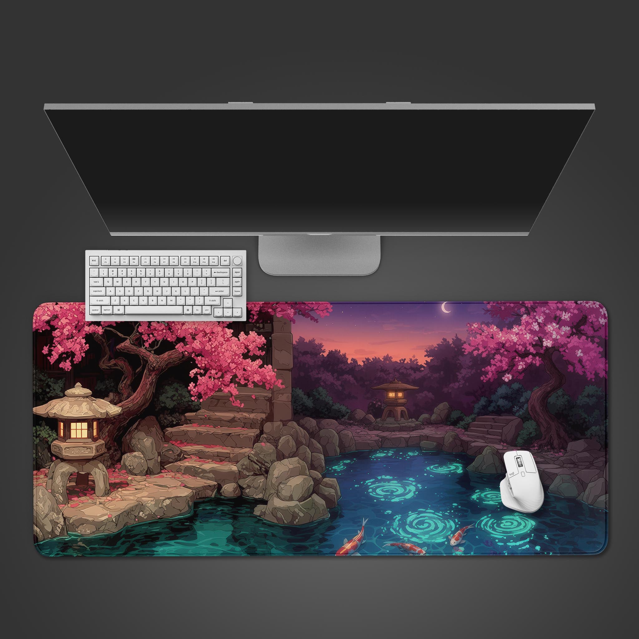 Japanese koi pond gaming desk mat with cherry blossoms and stone lanterns at twilight - Epic Design Pads & Mousepads