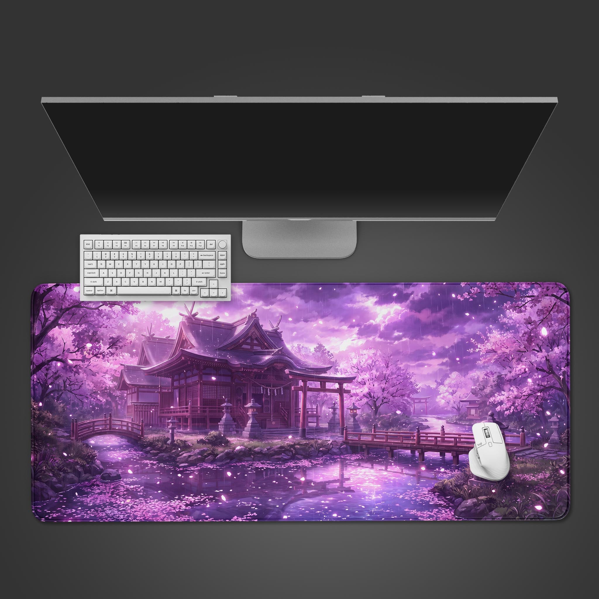 Large desk mat featuring a vibrant purple Japanese shrine and cherry blossoms over a serene pond.