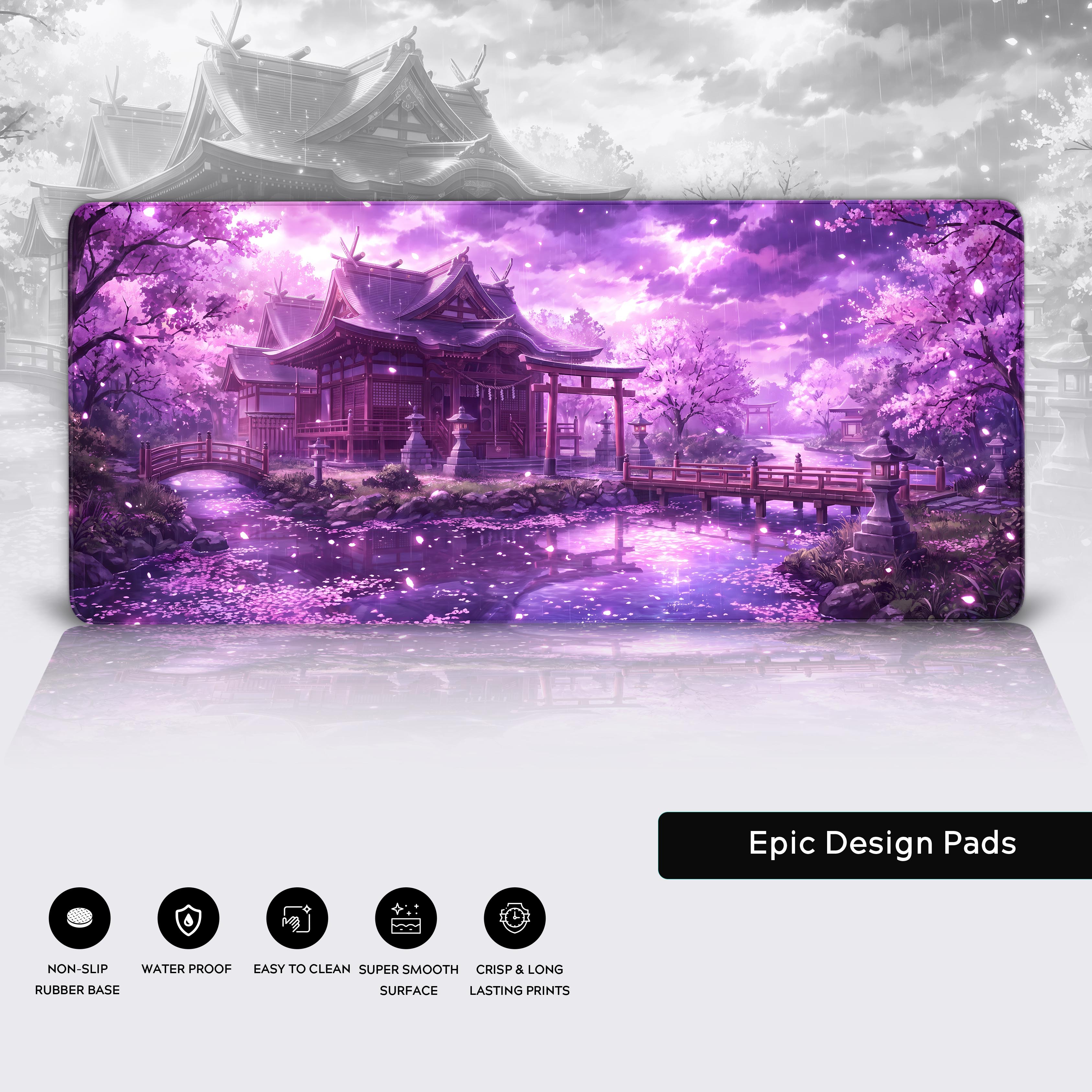 Epic Design Pads logo and bottom feature icons highlighting non-slip, waterproof, and smooth surface properties.