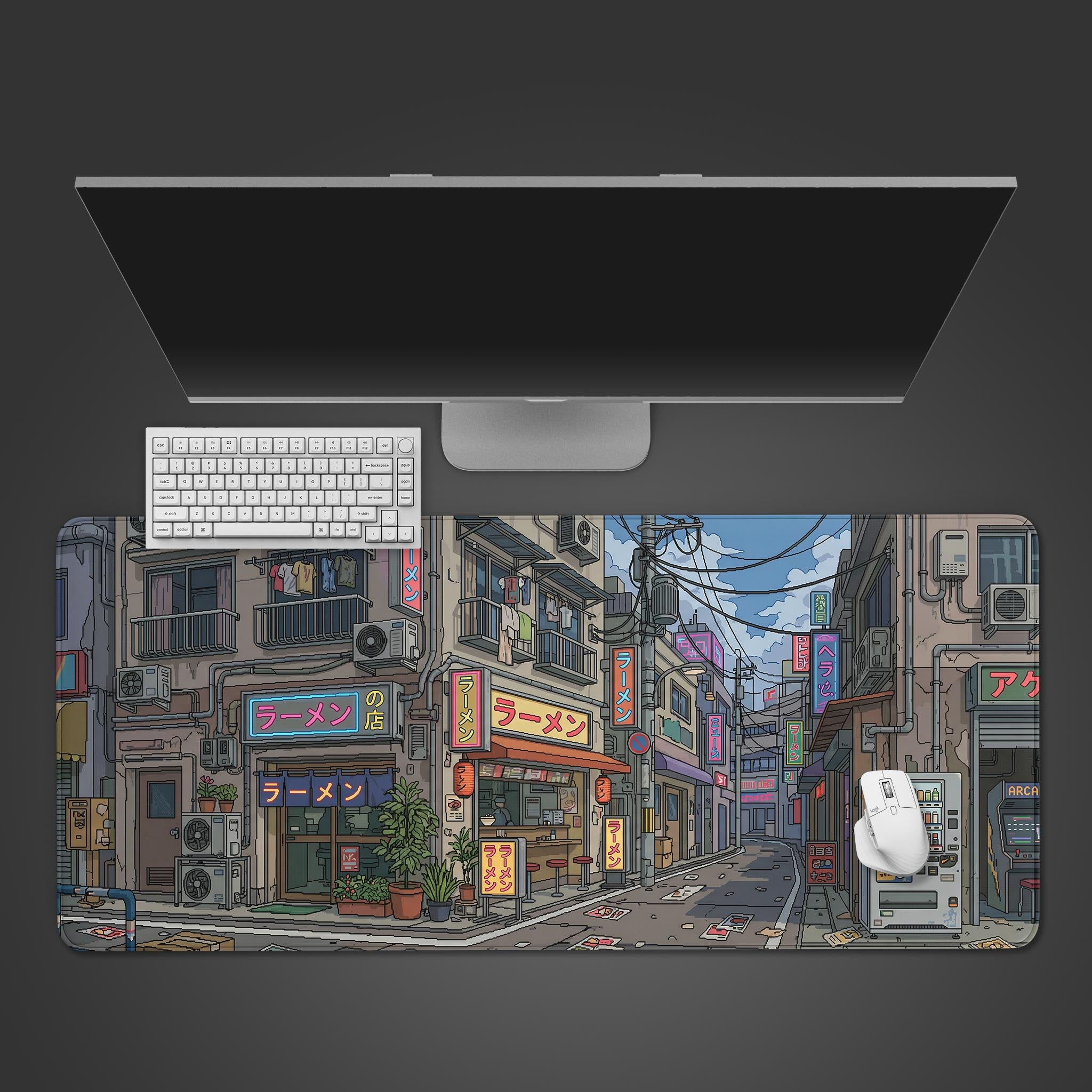 A wide desk mat displaying a detailed, anime-style illustration of a bustling Japanese ramen street corner.