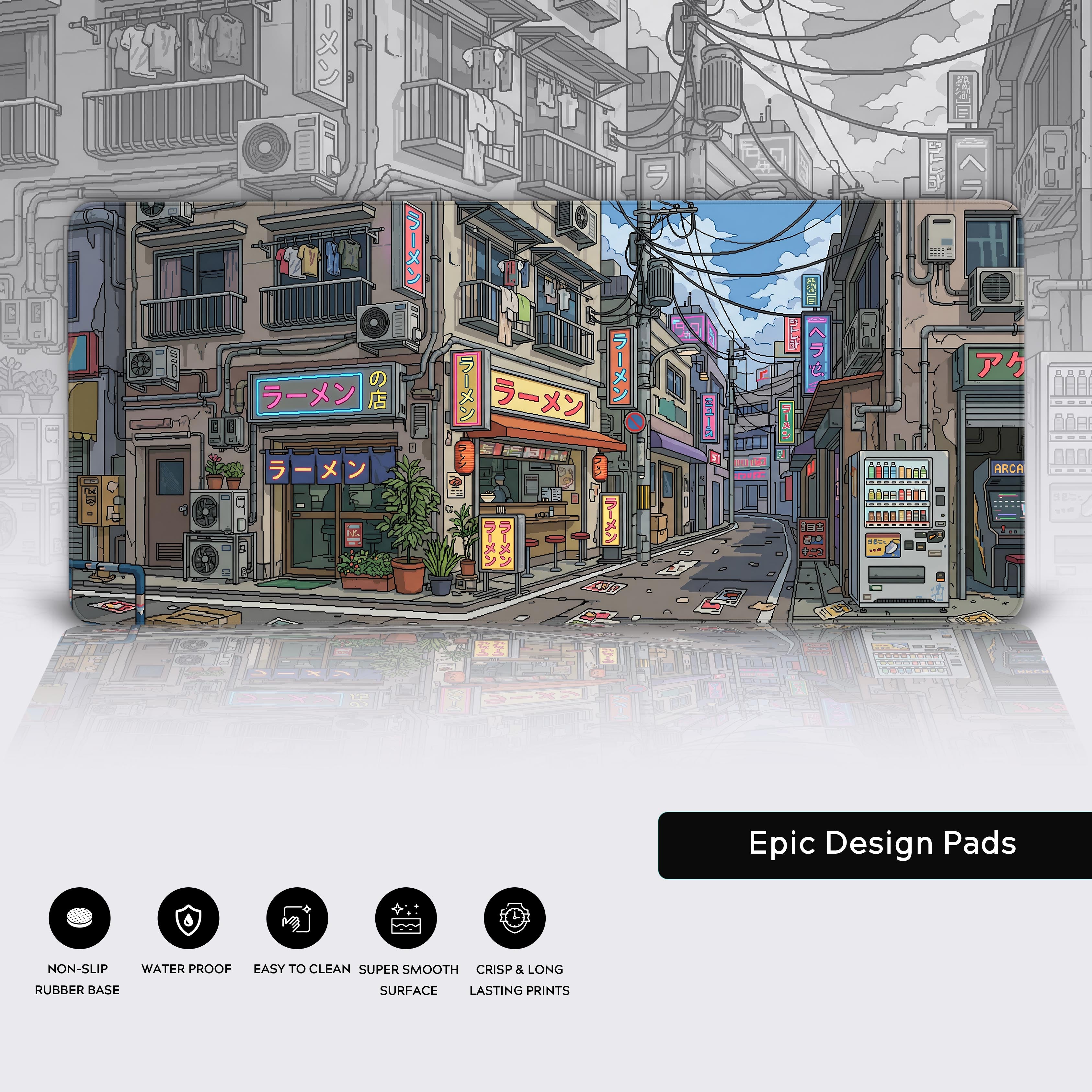 Full view of the Japanese streetscape desk mat showcasing the harmonious blend of warm oranges and cool blue tones.