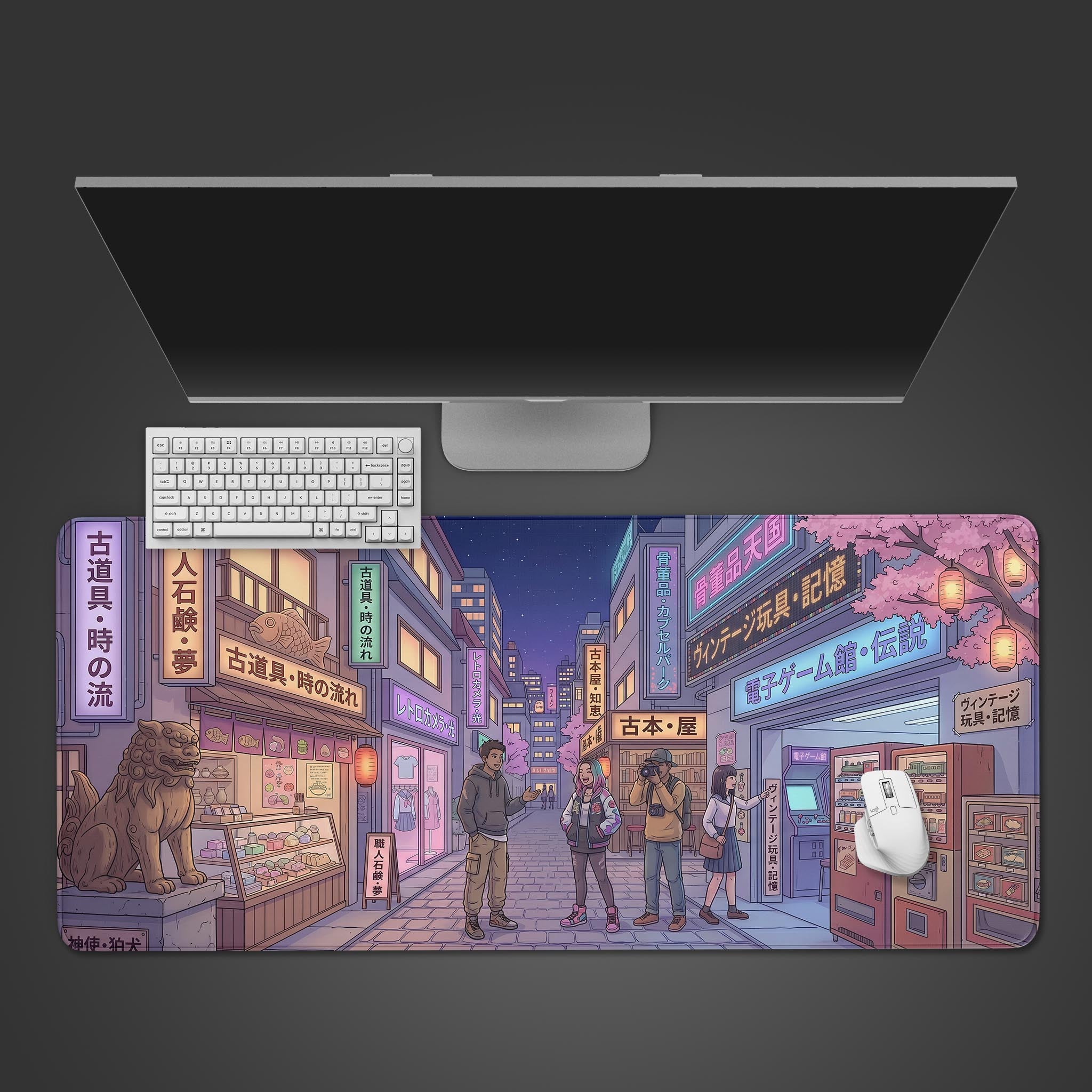 Anime style Japanese street scene gaming desk mat with characters and glowing shop signs