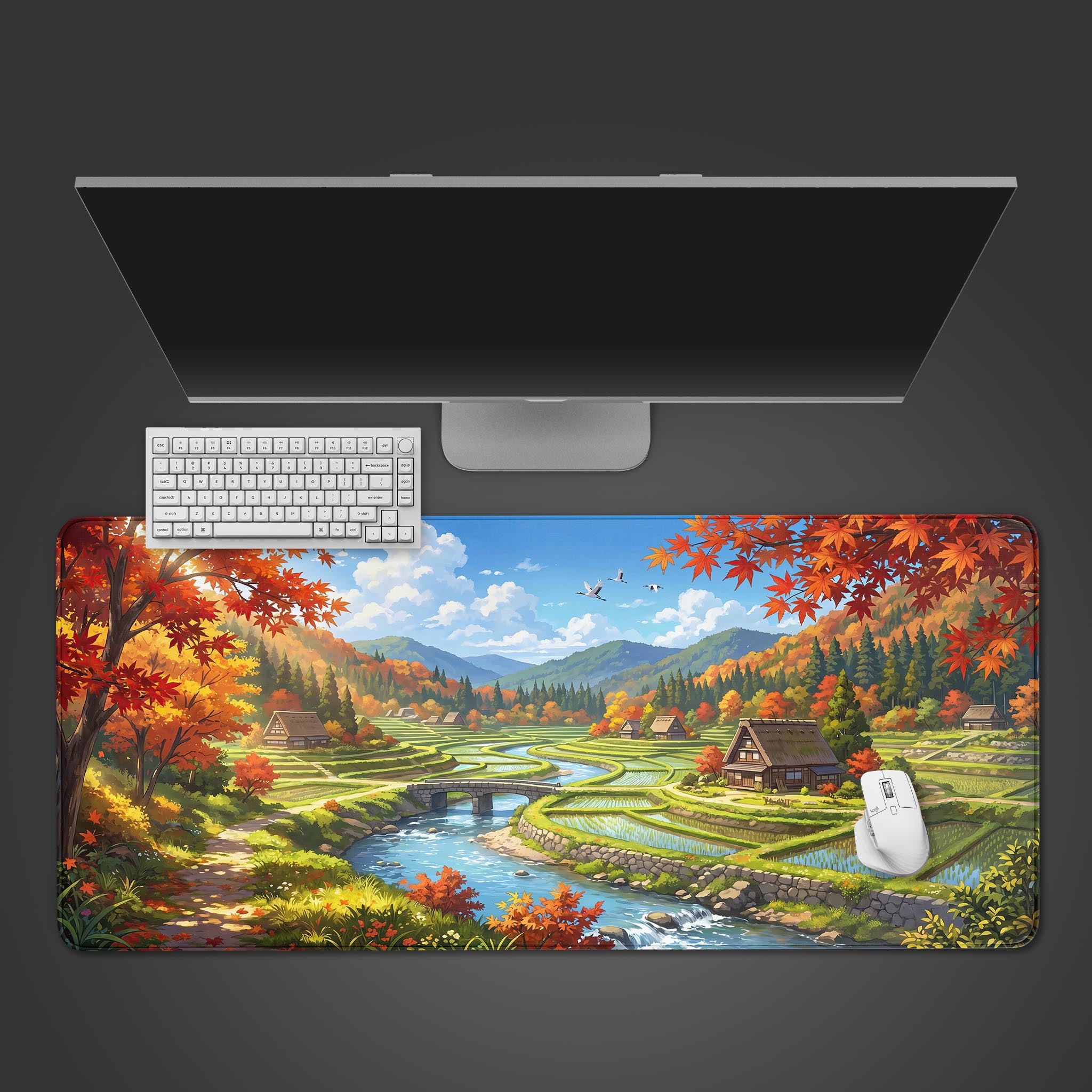 Vibrant autumn Japanese village desk mat featuring terraced fields and a winding river