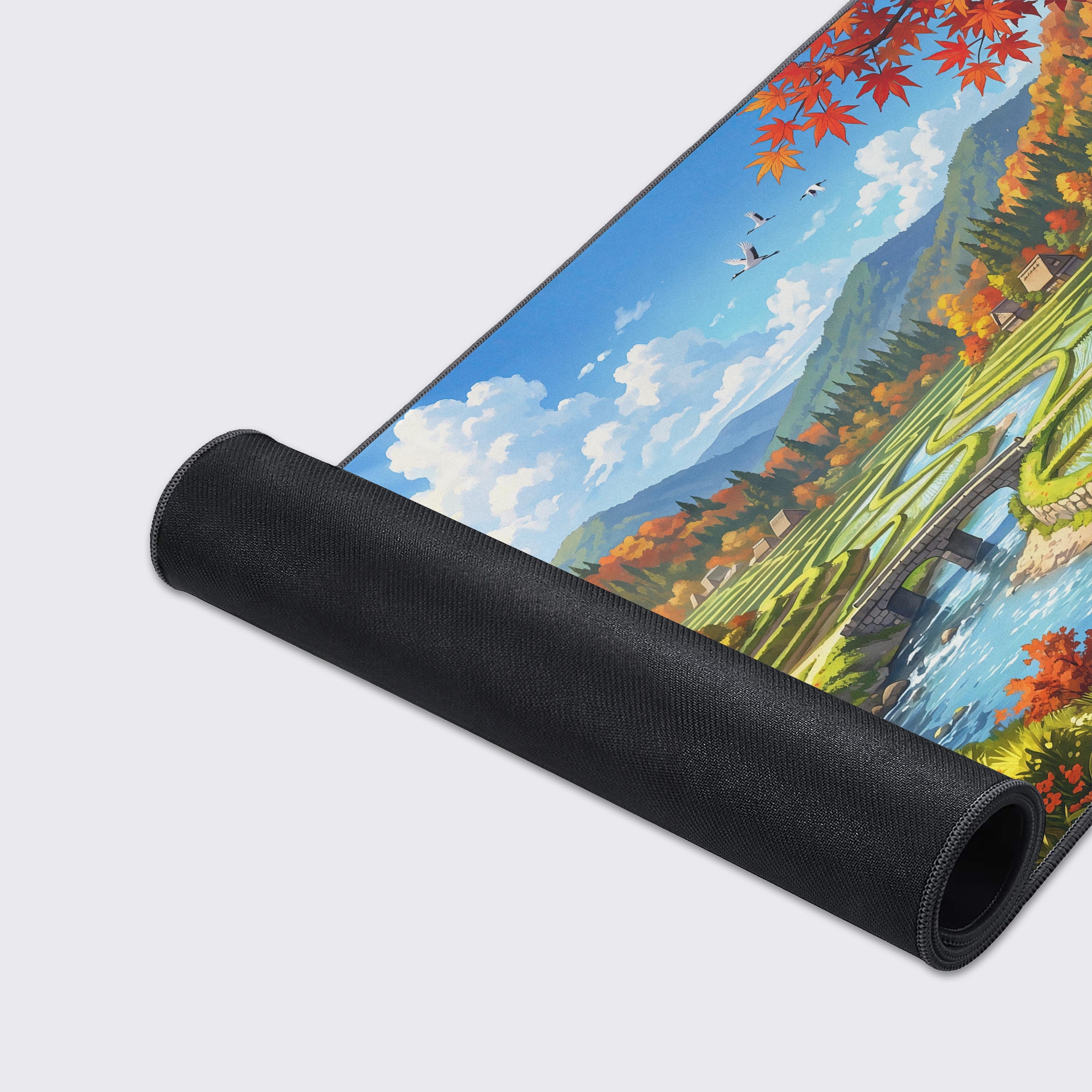 Waterproof and non-slip features shown on an autumn landscape desk mat