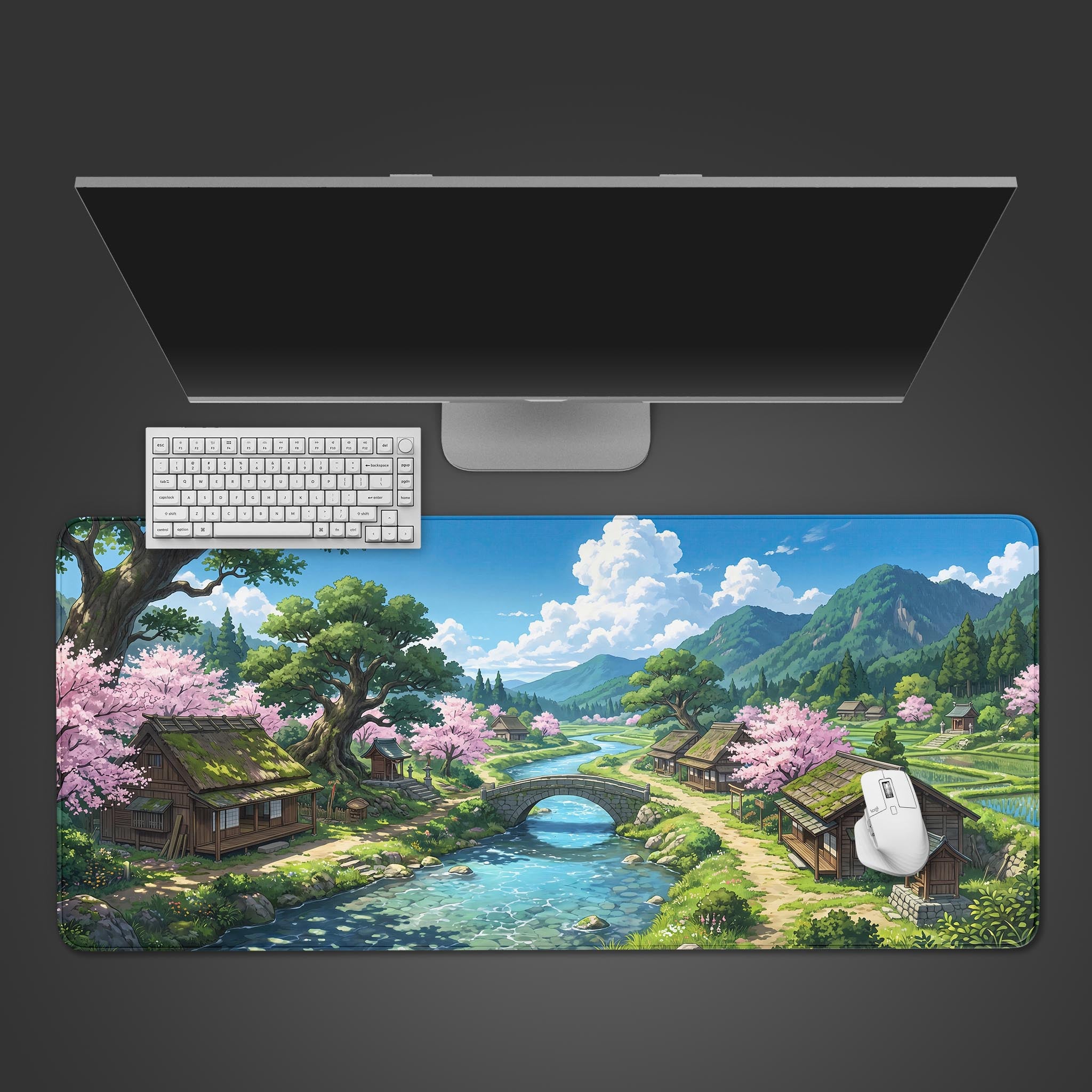 Anime style desk mat featuring a serene Japanese village with a river and cherry blossoms.