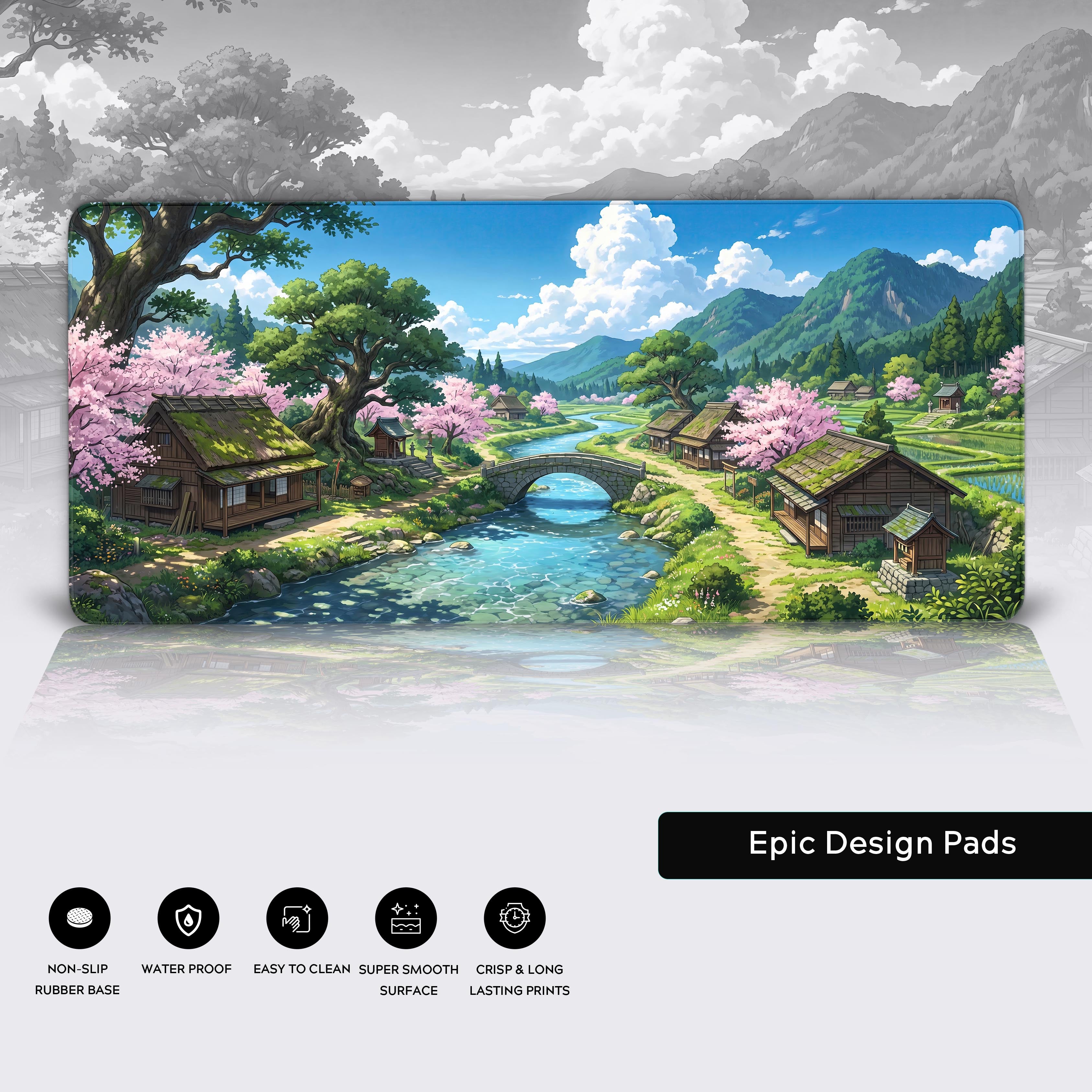 Smooth surface Japanese spring village aesthetic desk mat with non-slip base features.