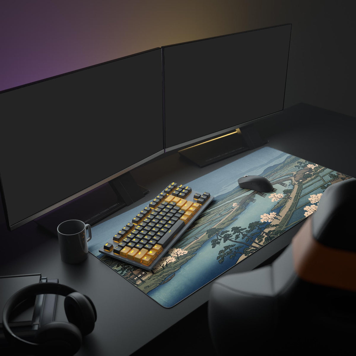 Close-up of the smooth surface and crisp printing of the Japanese village desk mat