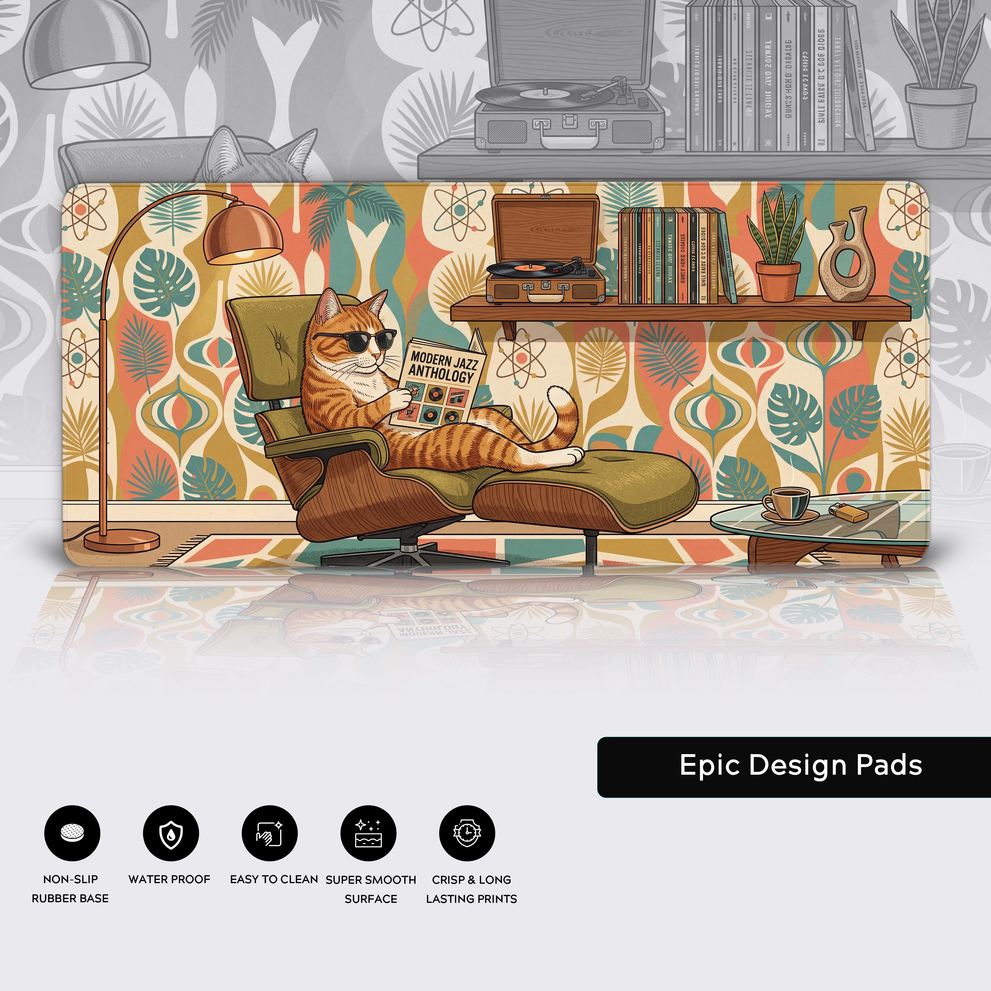 Features of the retro cat desk mat highlighting non-slip rubber base, waterproof surface, and smooth tracking
