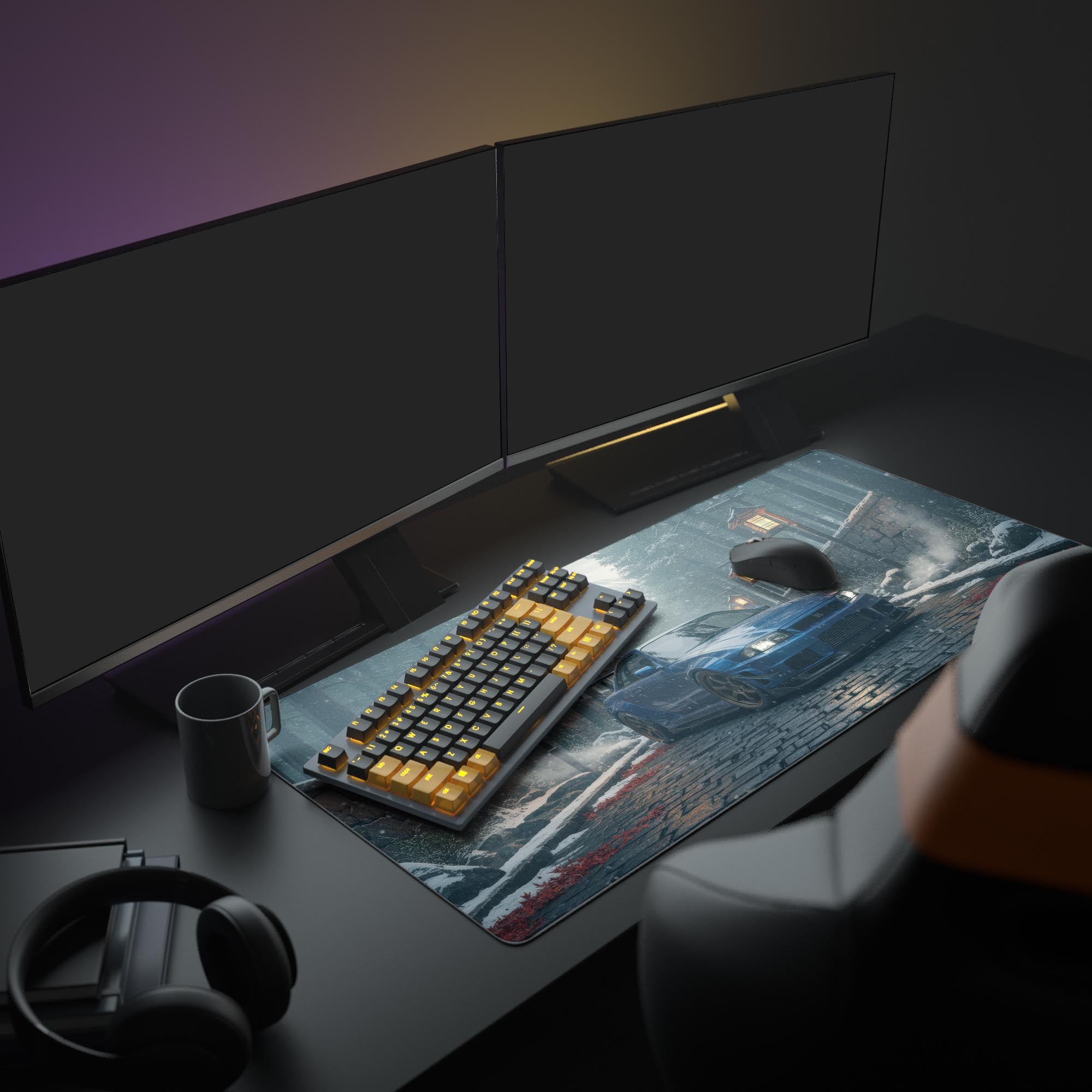 Large JDM Legend desk mat with Mt. Fuji design – shown in a gaming setup with dual monitors and accessories. - Epic Design Pads