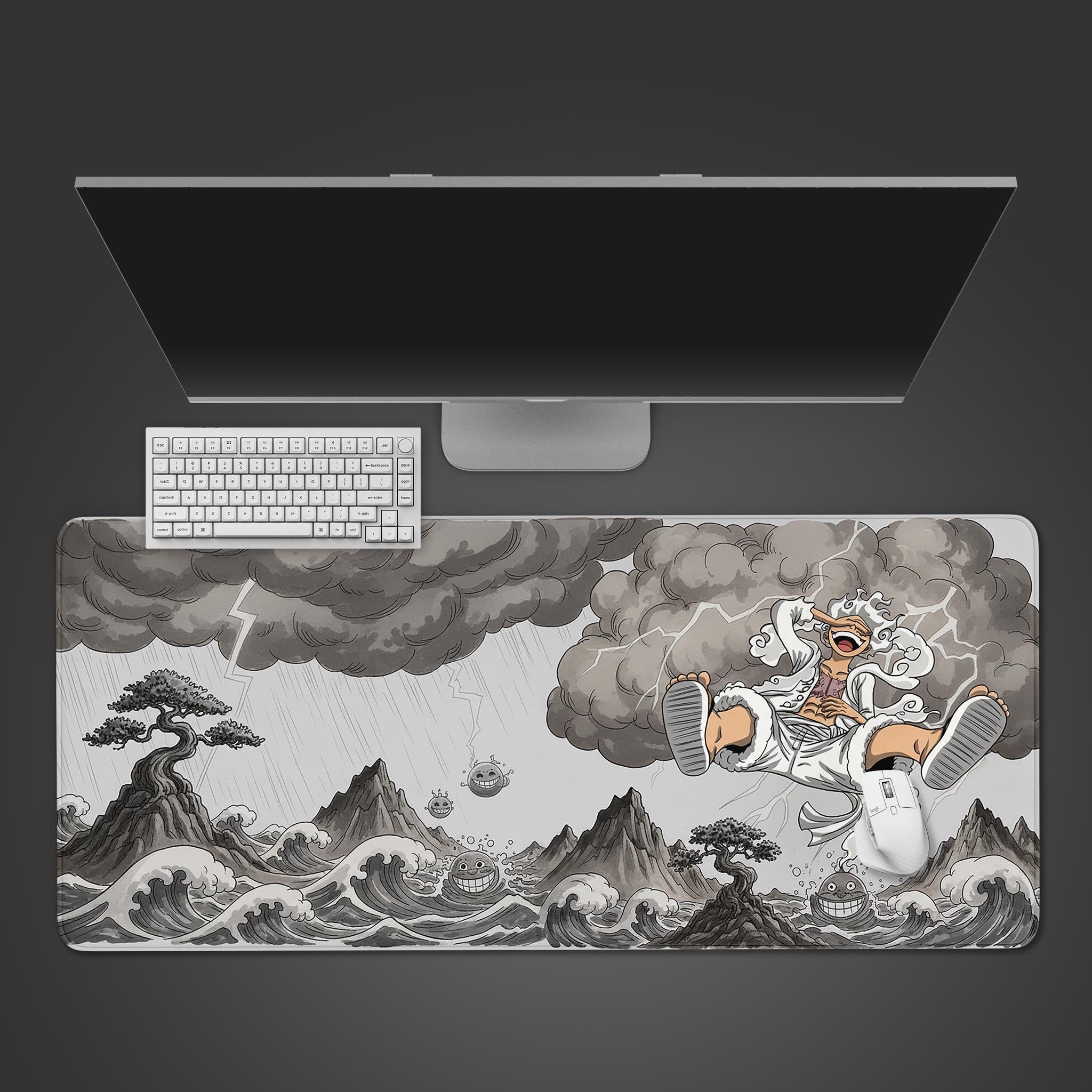 Joyful Warrior anime desk mat in monochromatic ink-wash style, shown on a desktop with a gaming keyboard and mouse. - Epic Design Pads