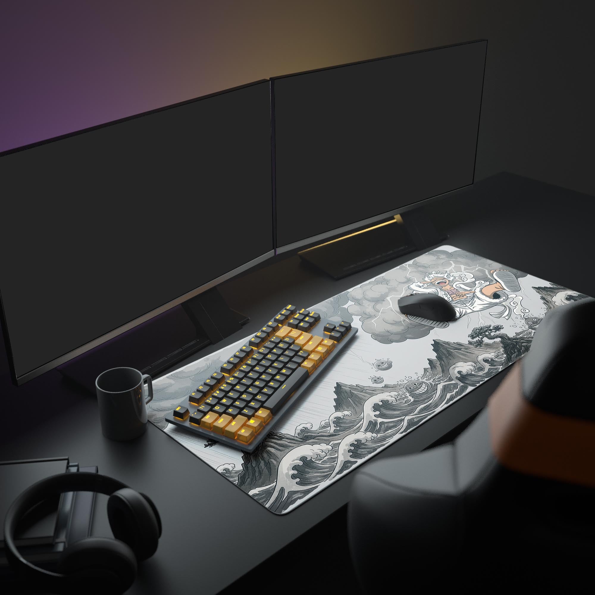 Large Joyful Warrior gaming mouse pad featured in an epic anime gaming setup with dual monitors and headphones. - Epic Design Pads