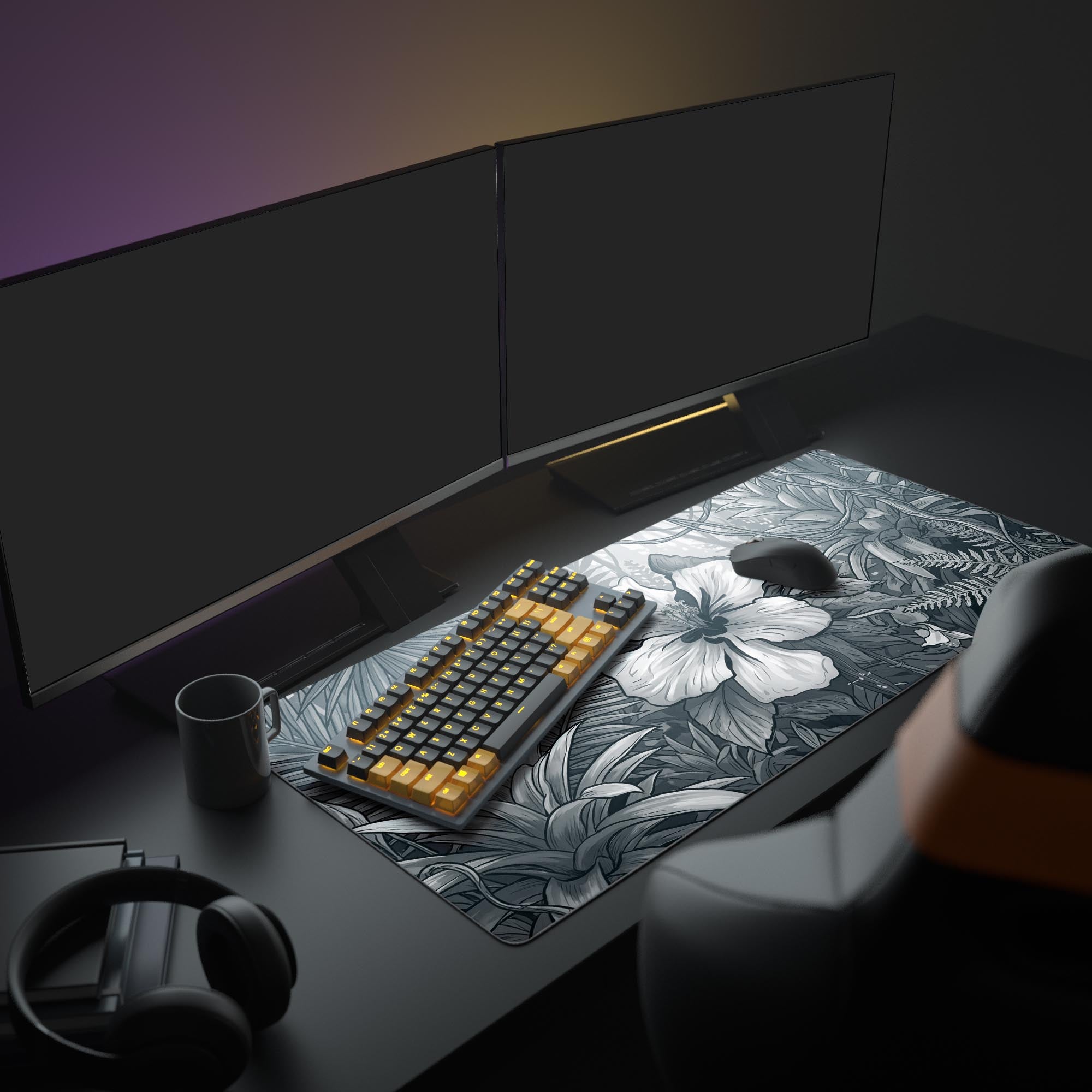 Large Jungle Bloom desk mat shown in a modern office setup with dual monitors. The monochrome botanical mouse pad enhances the aesthetic of the minimalist workspace. - Epic Design Pads & Mousepads