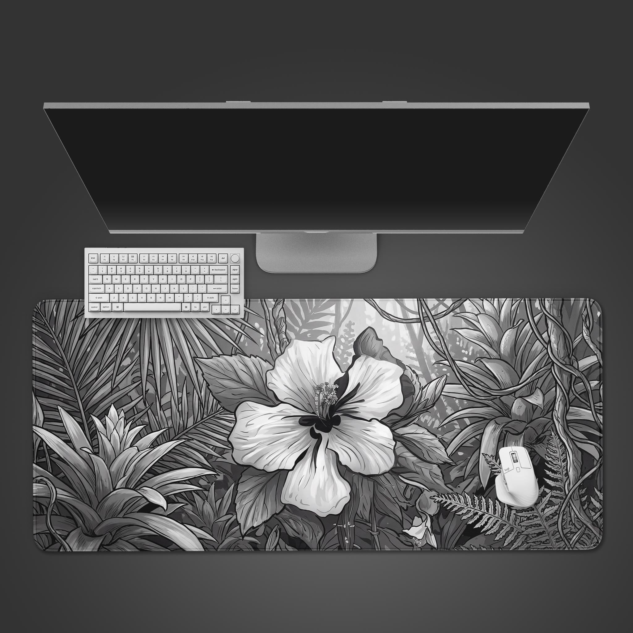 Jungle Bloom desk mat in a top-down view, featuring its monochrome floral design with a sleek white keyboard and mouse, creating a clean, focused workspace. - Epic Design Pads & Mousepads