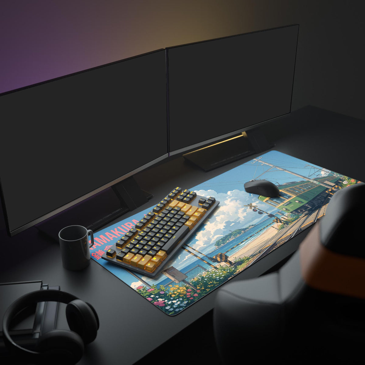 A full gaming setup featuring the Kamakura Coast anime mouse pad, with a monitor, keyboard, and mouse, creating a serene Japanese aesthetic. - Epic Design Pads & Mousepads