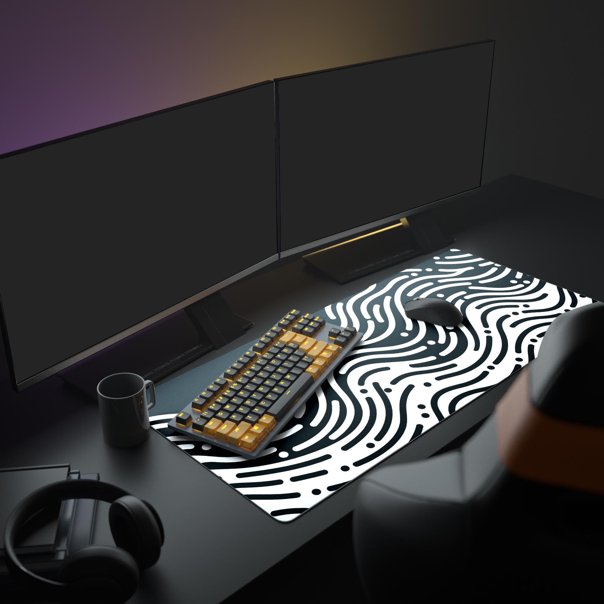 Large Kinetic Flow desk mat enhancing a modern office setup with dual monitors and productivity accessories. The abstract monochrome design complements the minimalist aesthetic. - Epic Design Pads & Mousepads