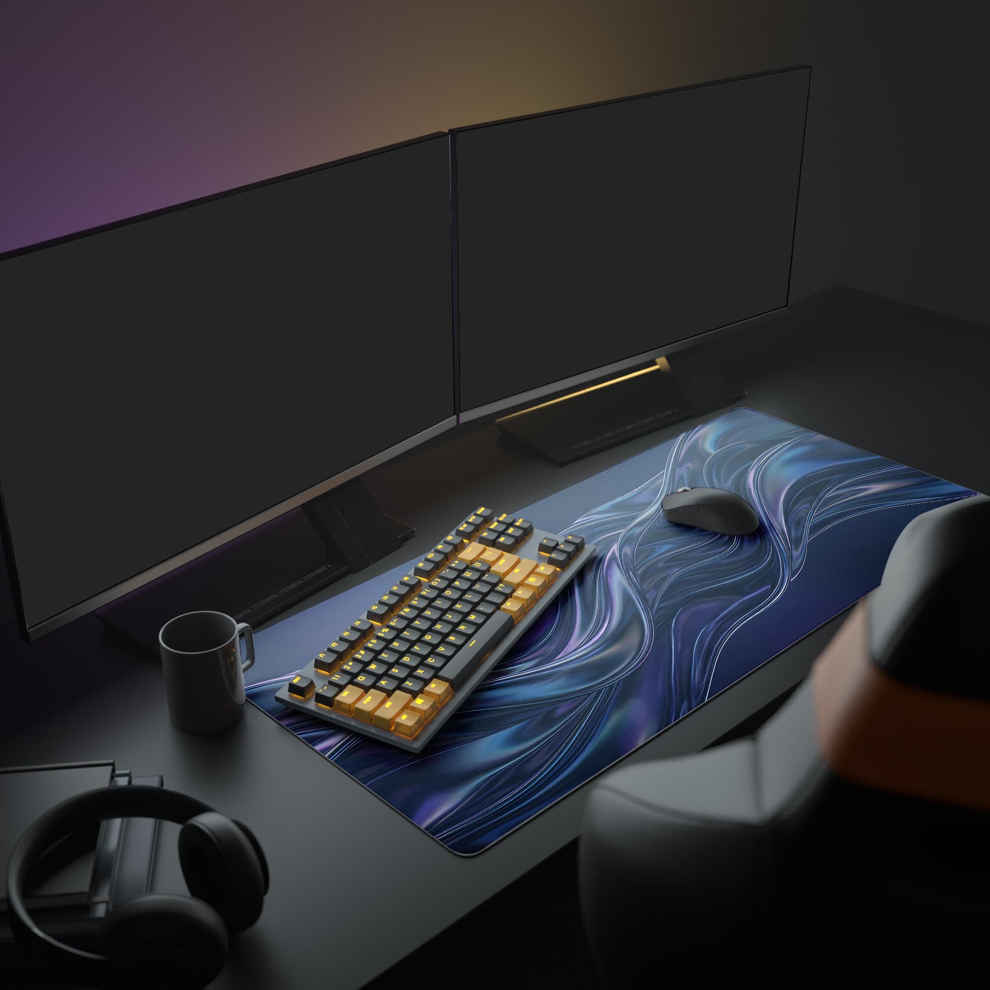 A modern computer setup featuring the Kinetic Flow gaming desk mat, enhancing the aesthetic with its abstract purple and blue design under a large monitor. - Epic Design Pads & Mousepads
