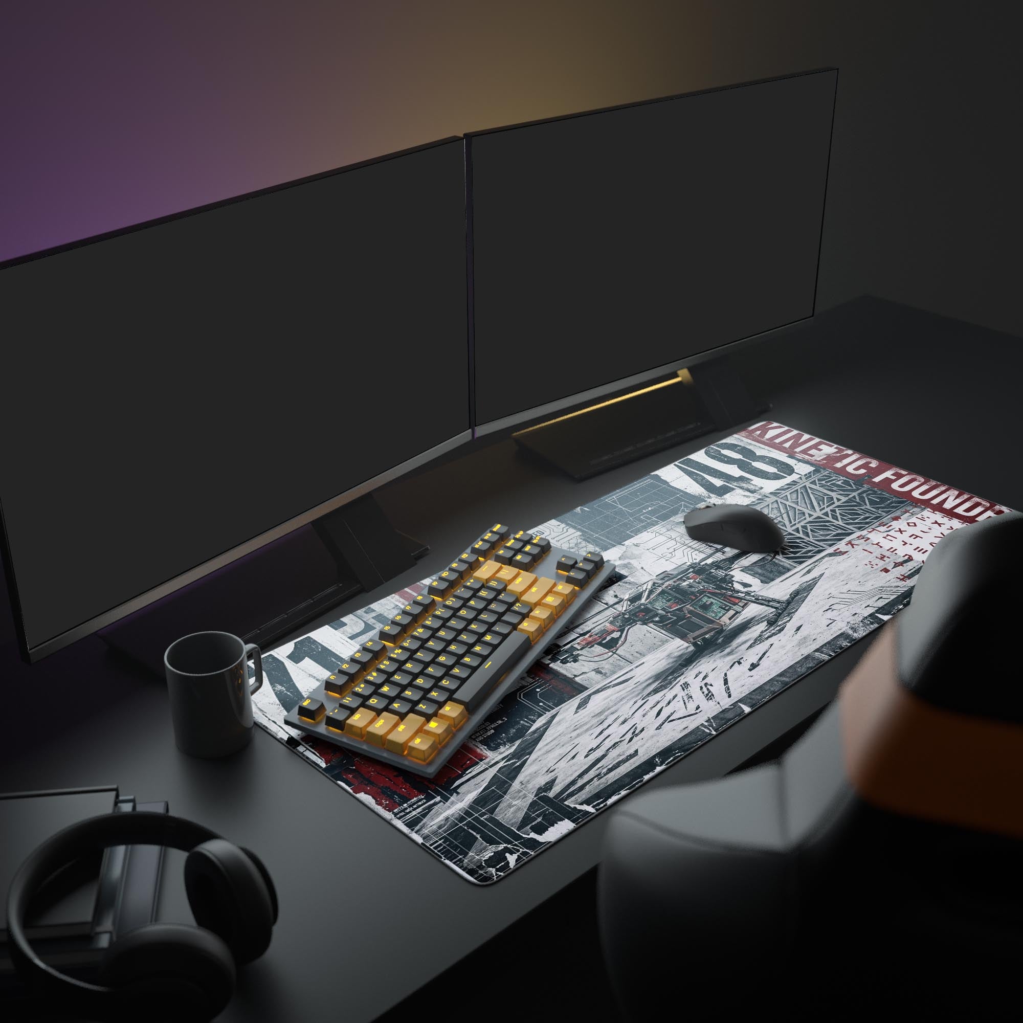 A full gaming PC setup featuring the industrial-themed Kinetic Foundry mouse pad, which complements the monitors and mechanical keyboard. - Epic Design Pads & Mousepads