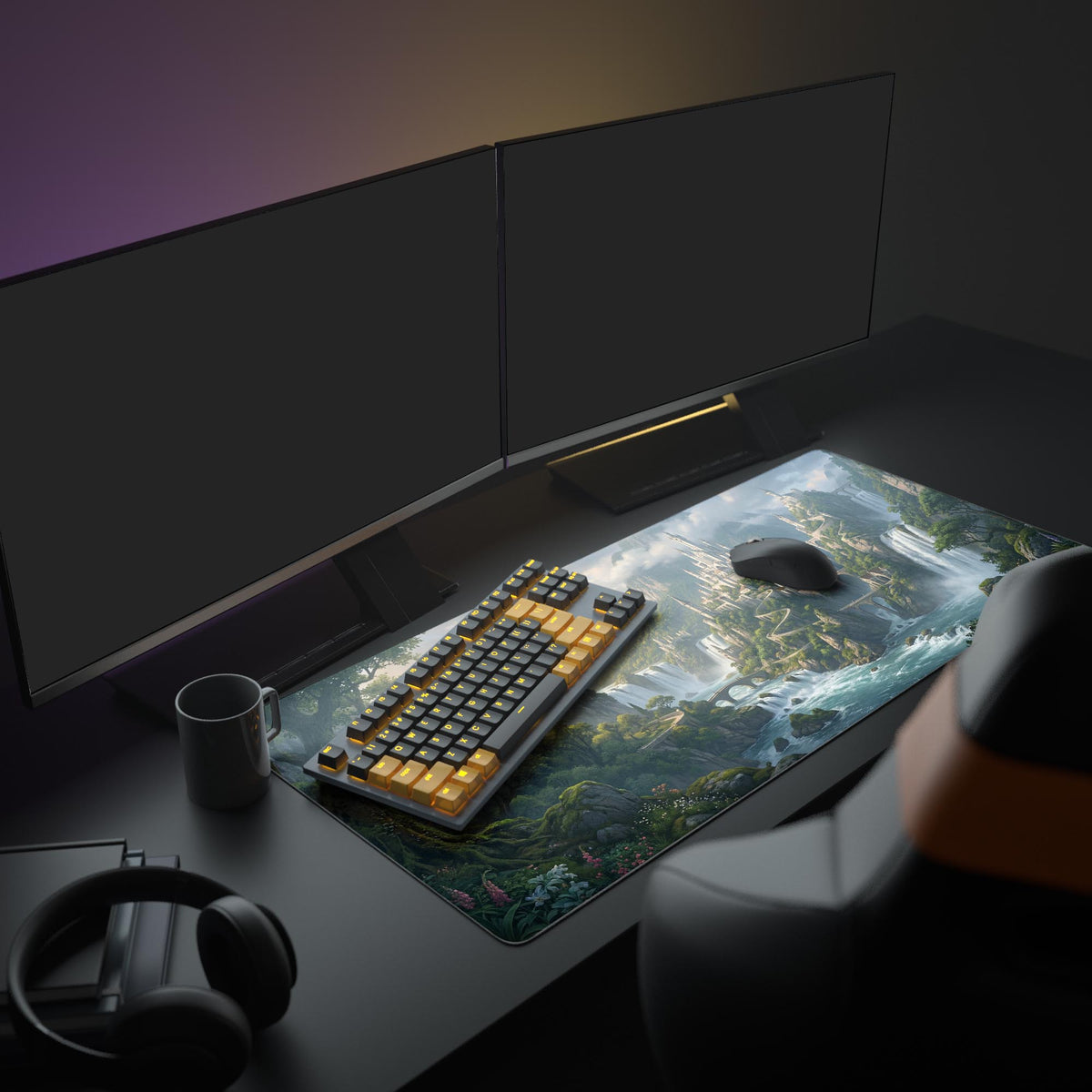 A full gaming setup featuring the Kingdom of Falls XL mouse pad, with its vibrant waterfall and castle art unifying the look of the monitors and peripherals. - Epic Design Pads & Mousepads