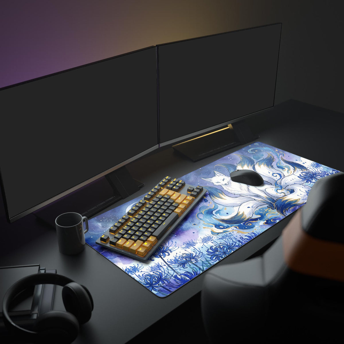 Close-up of the ethereal watercolor celestial sky and golden accents on the Kitsune mouse pad.