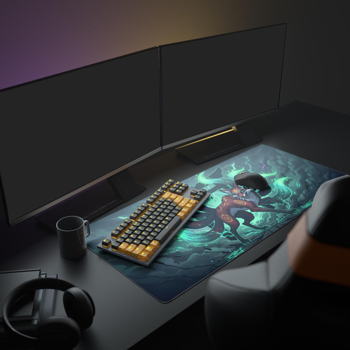 Fox desk mat on a desk in a dark room with dual monitors, orange-key keyboard, mug and headphones; teal tails and lightning - Epic Design Pads & Mousepads