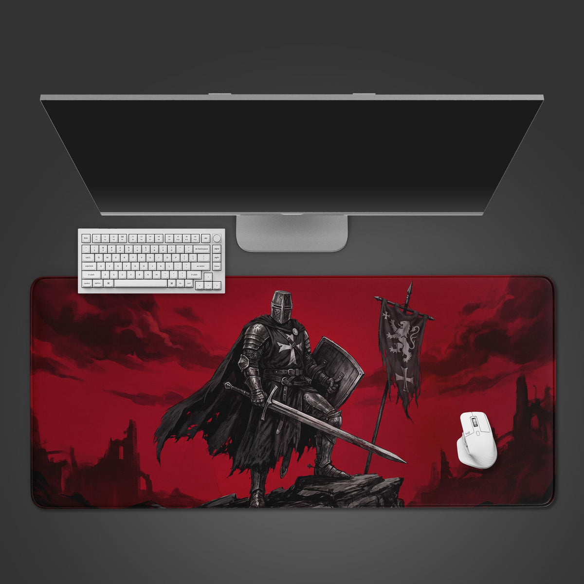 Desk mat featuring a heavily armored medieval knight standing against a striking crimson sky.