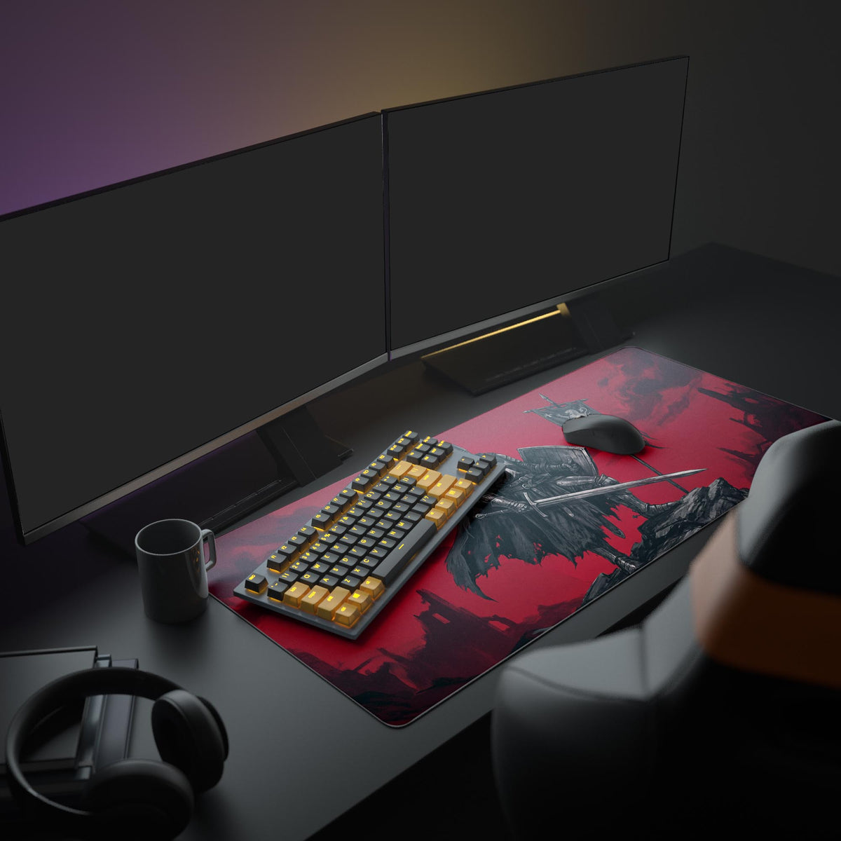 Dark fantasy desk mat showing a knight with a sword and lion banner overlooking a ruined landscape.