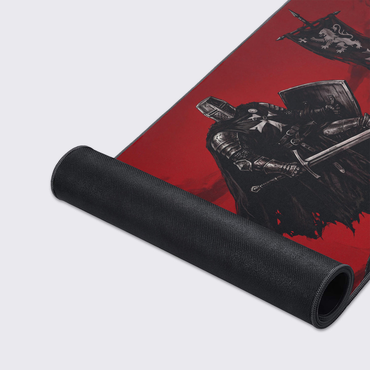 Product preview of a red and black gothic knight desk mat with a reflection below.