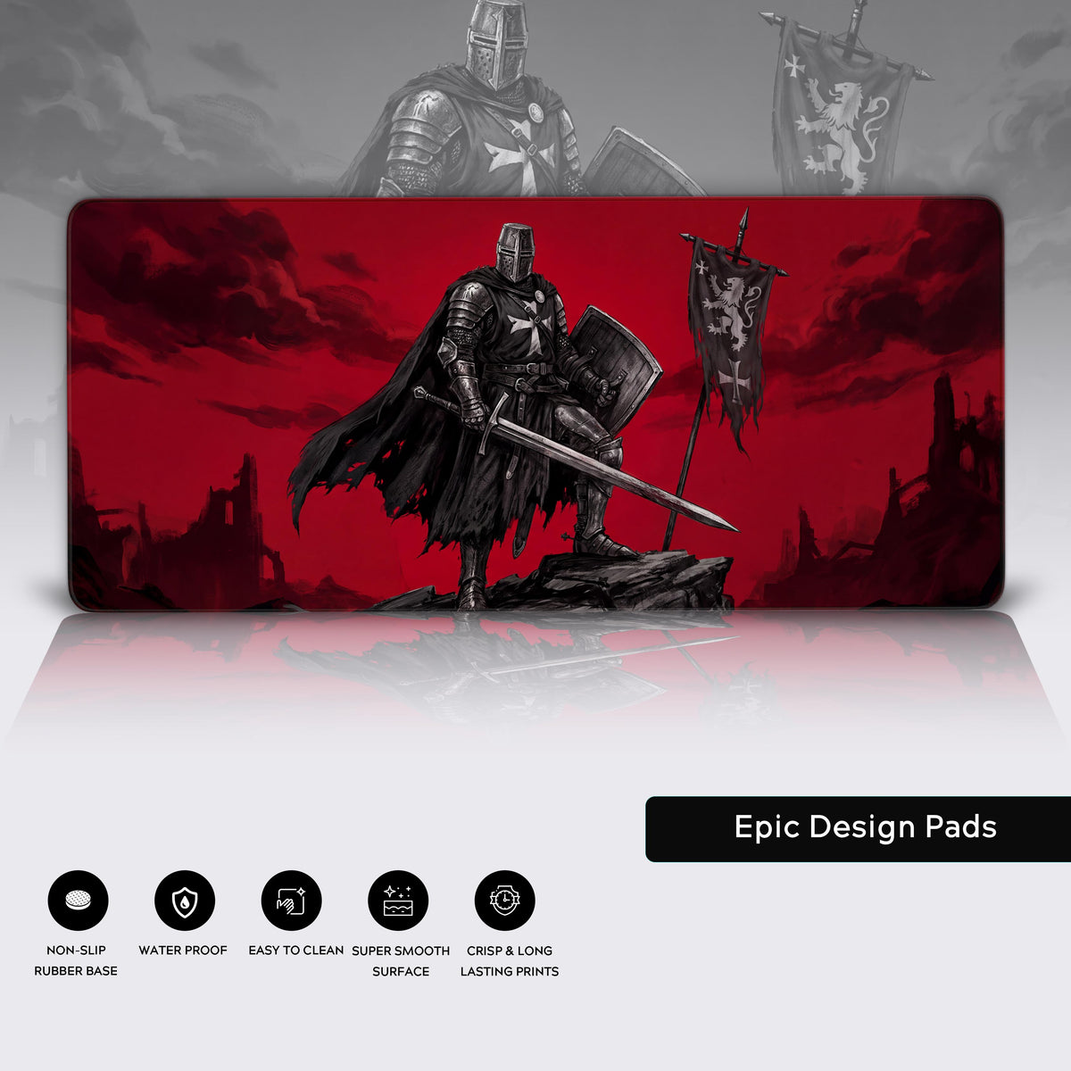 Detailed view of the dark knight armor and sword artwork on the desk pad.