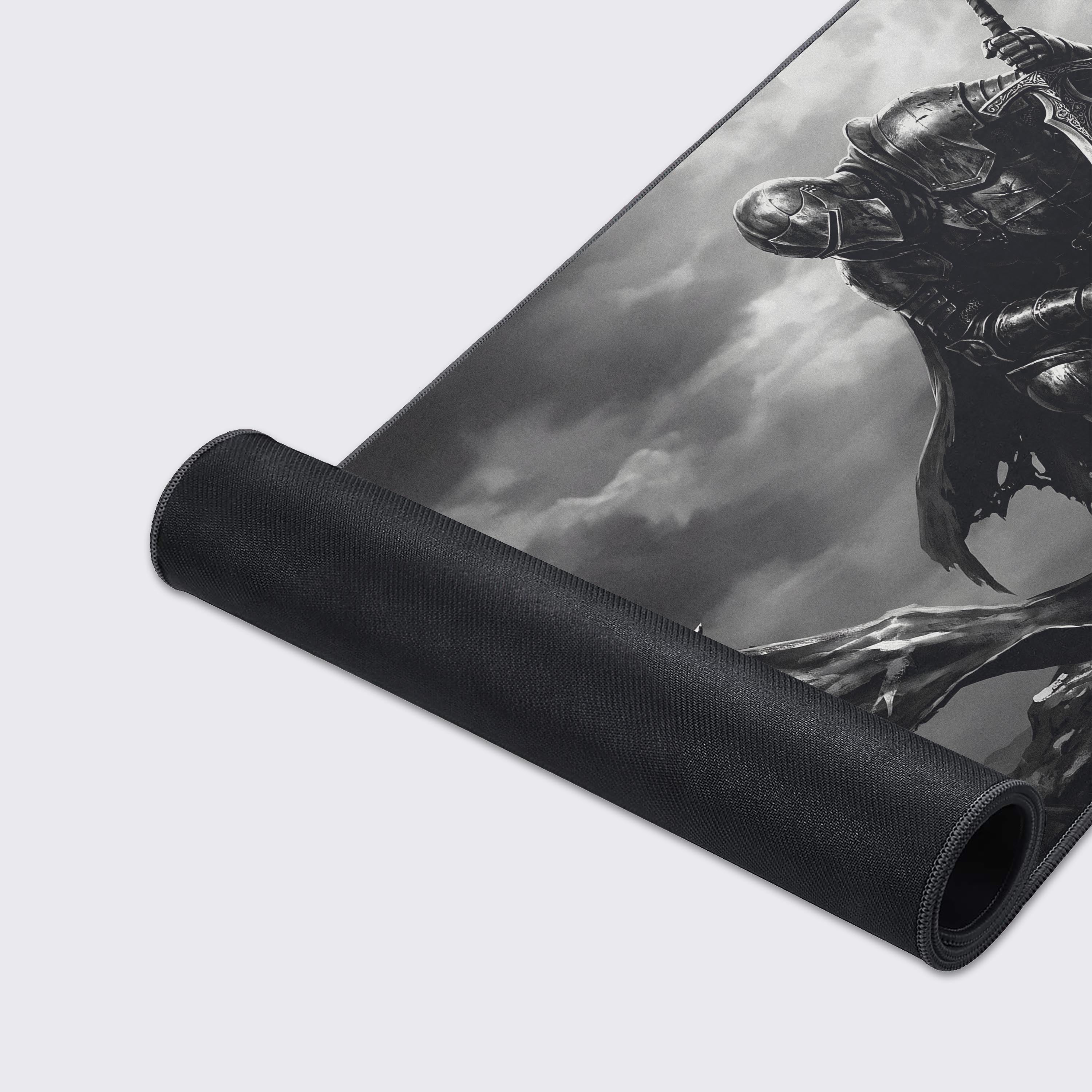 Product features infographic for the gaming desk mat showing waterproof, non-slip, and smooth surface icons.
