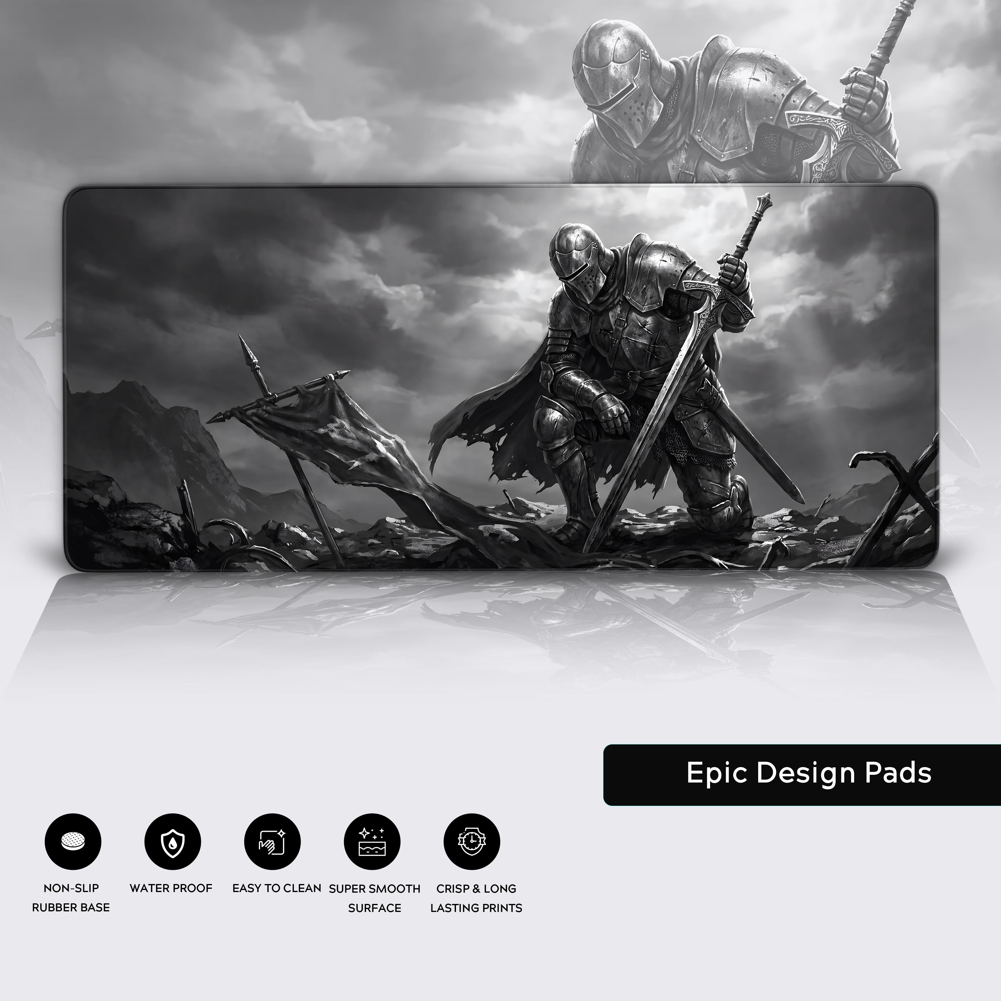 Gothic medieval gaming setup featuring a black and white knight desk mat with high-contrast art.