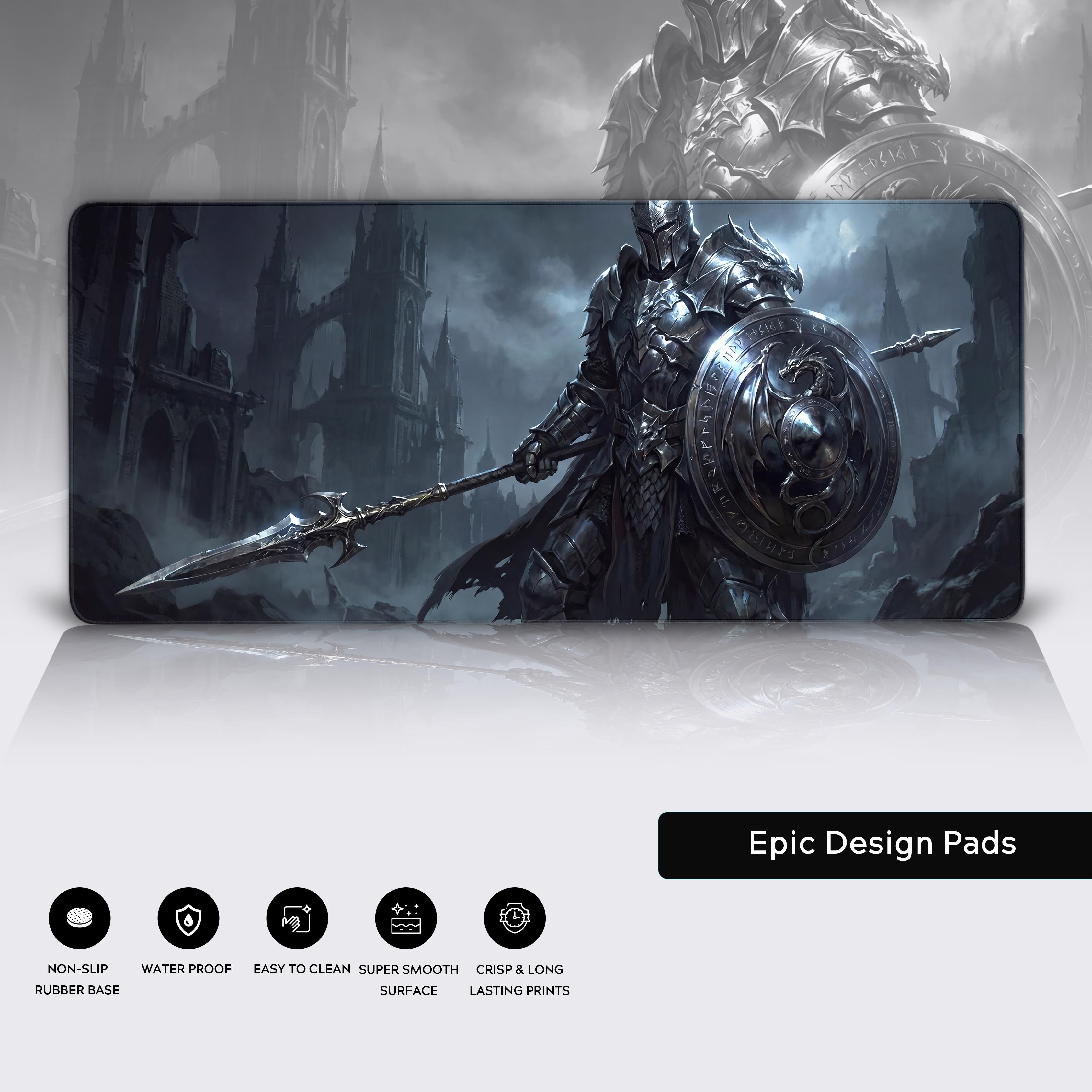 The dark fantasy knight extended mouse pad displayed flat with a reflection, highlighting its large size for gaming setups.