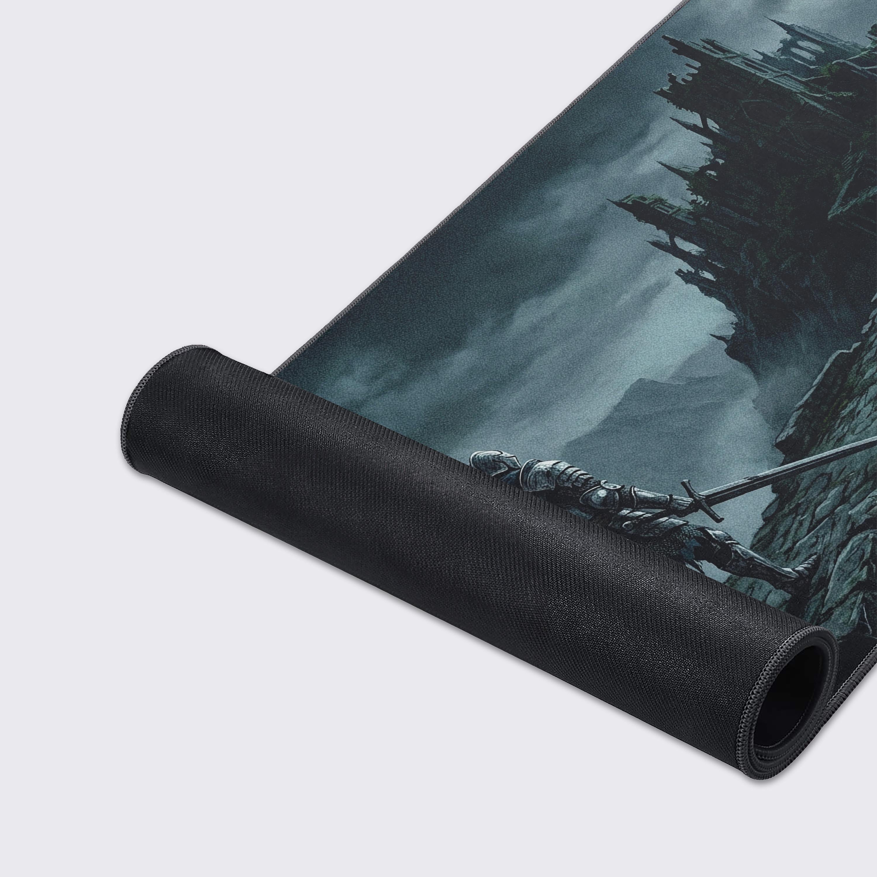 Infographic detailing features of the extended desk mat including waterproof surface and non-slip rubber base.