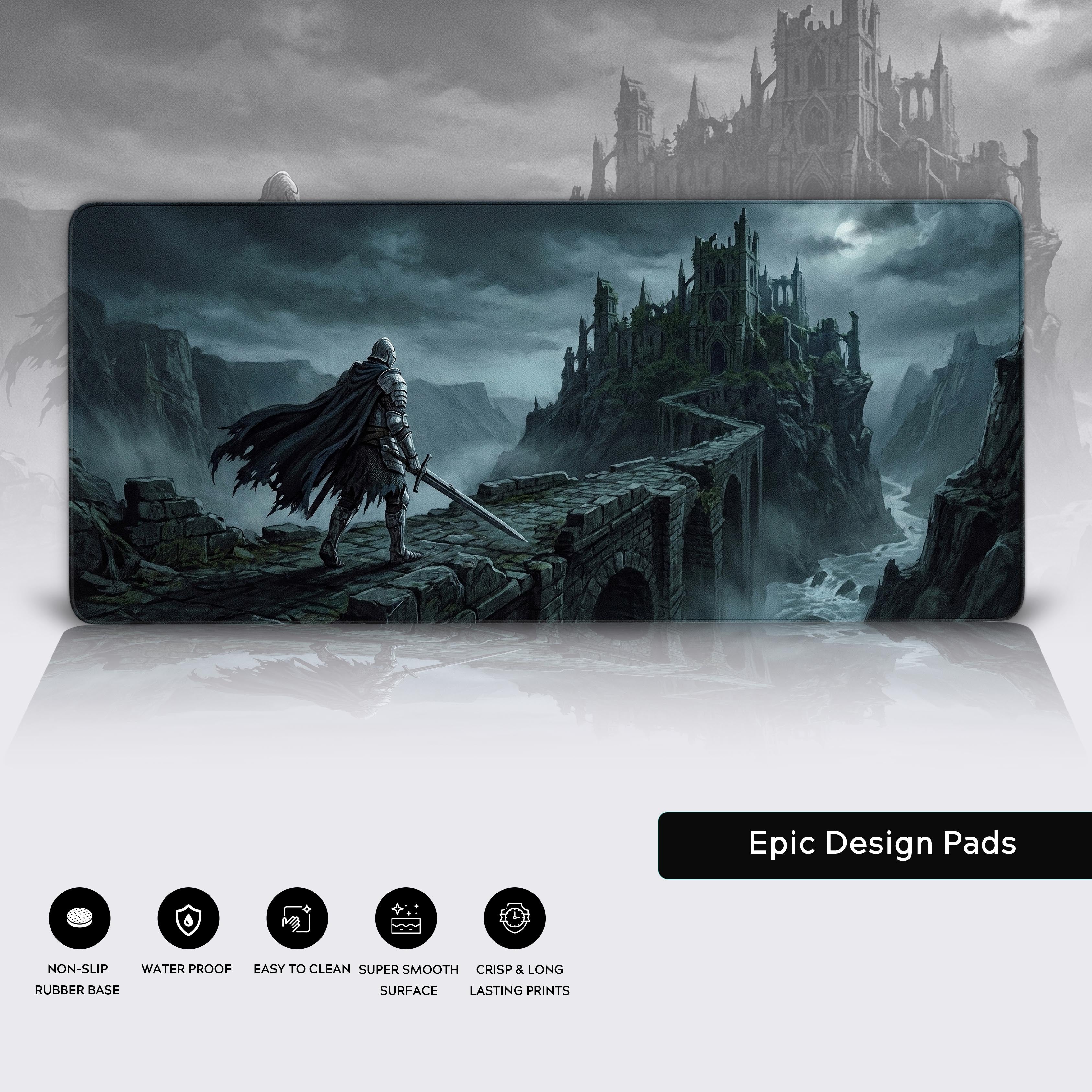 Atmospheric dark fantasy castle and lone knight illustration for PC gaming setups.