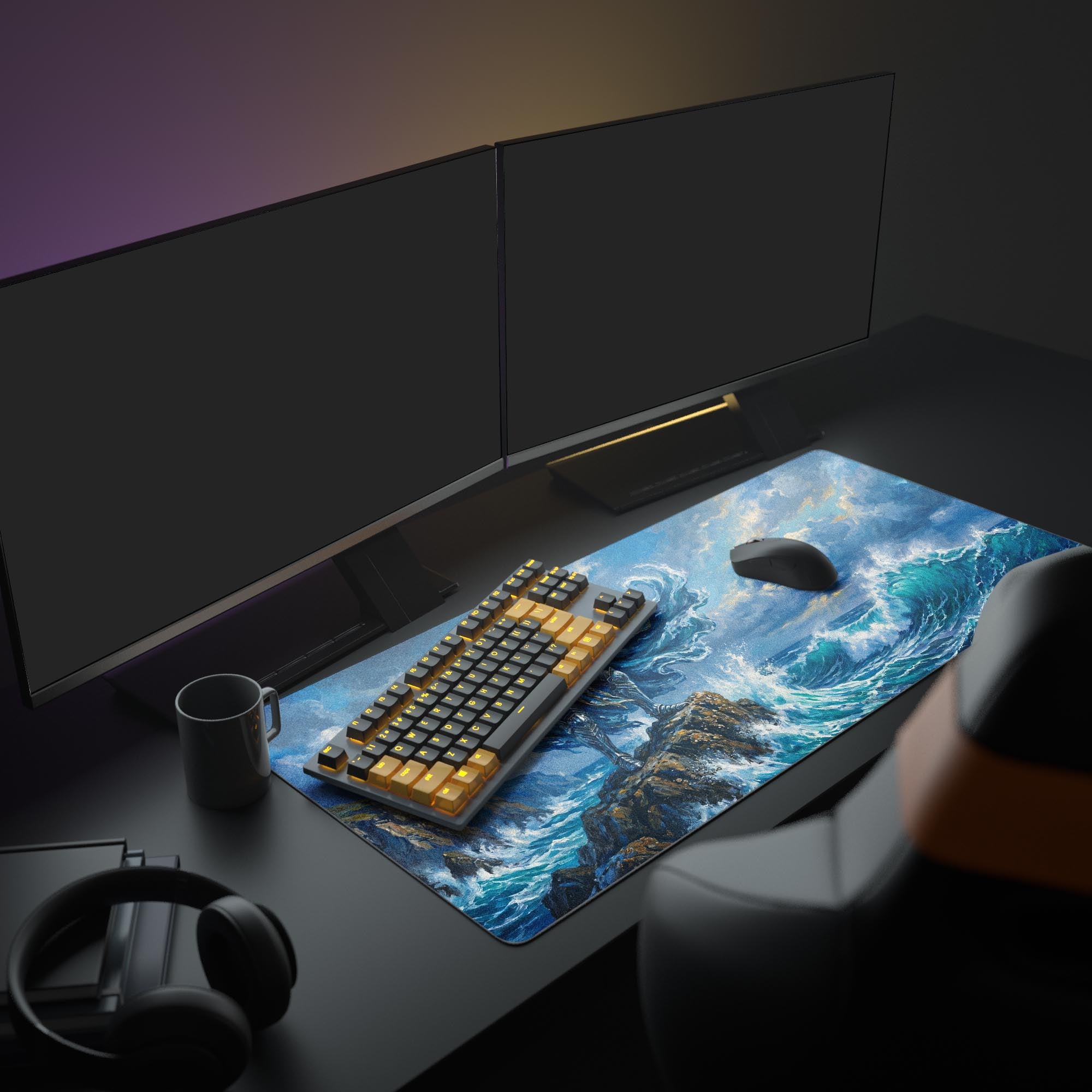 Close-up of the Tide Warrior desk mat showing vibrant teal ocean water and detailed knight armor