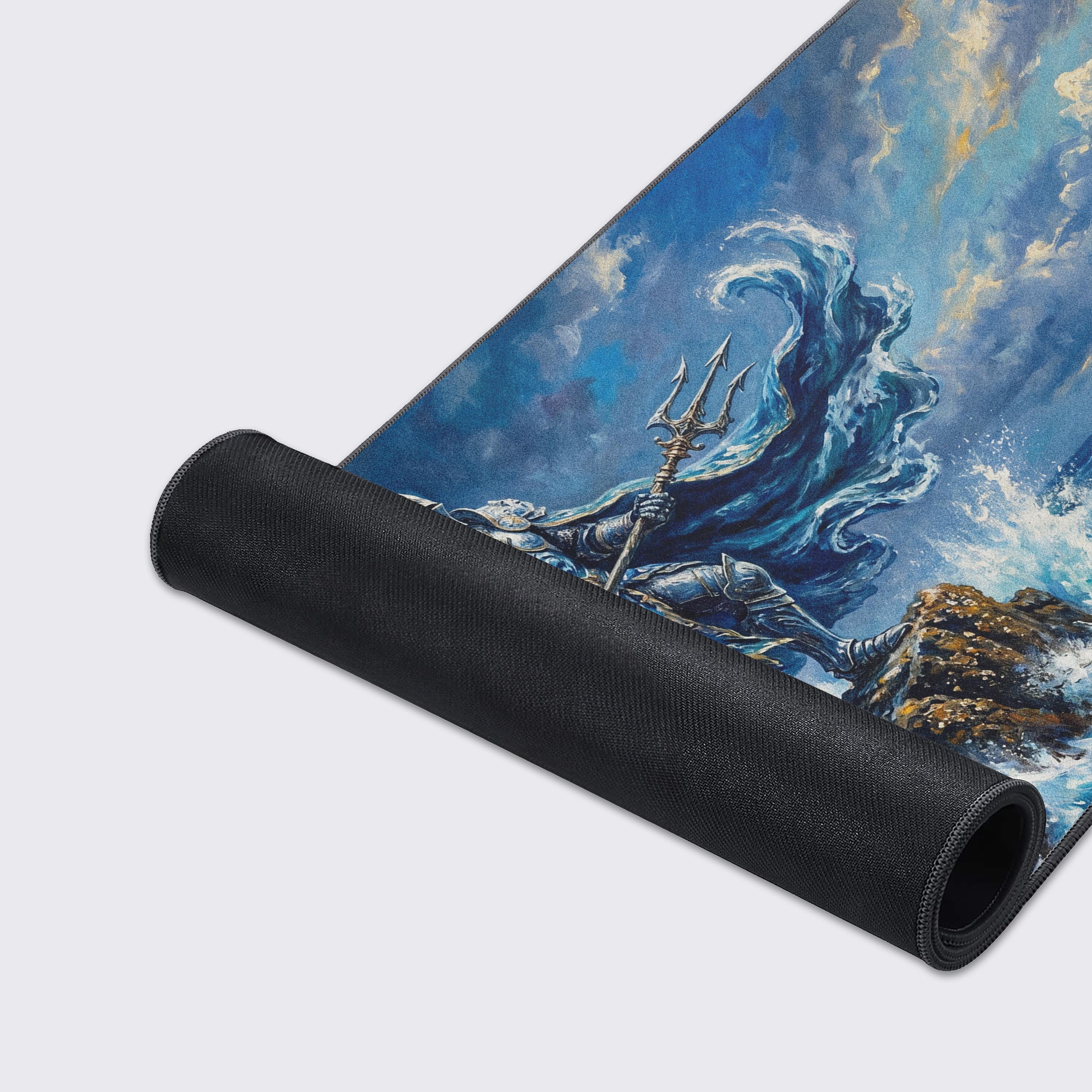 Large fantasy gaming mouse pad featuring a warrior with a trident and stormy skies