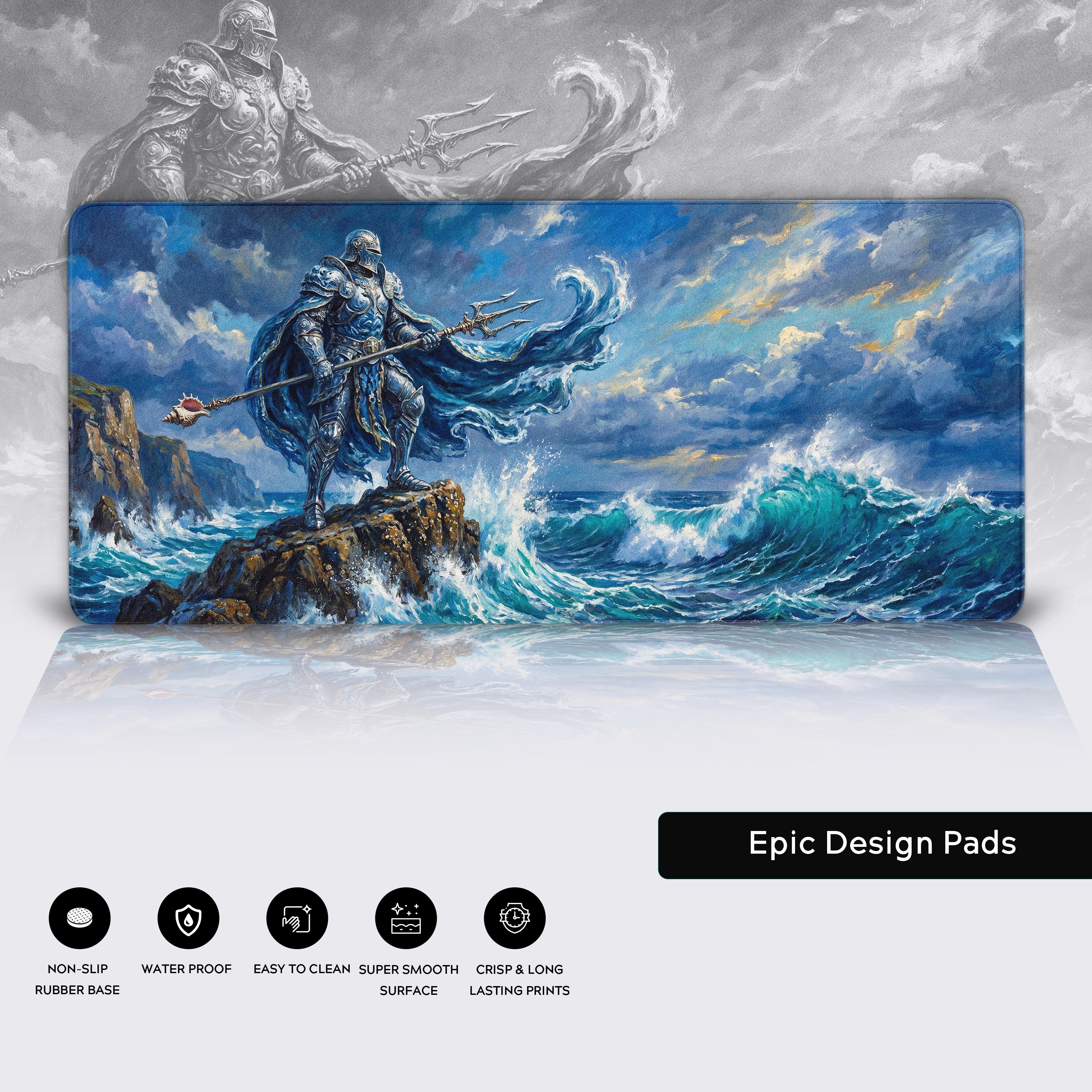 Tide Warrior desk mat features including non-slip rubber base, water-proof surface, and crisp lasting prints