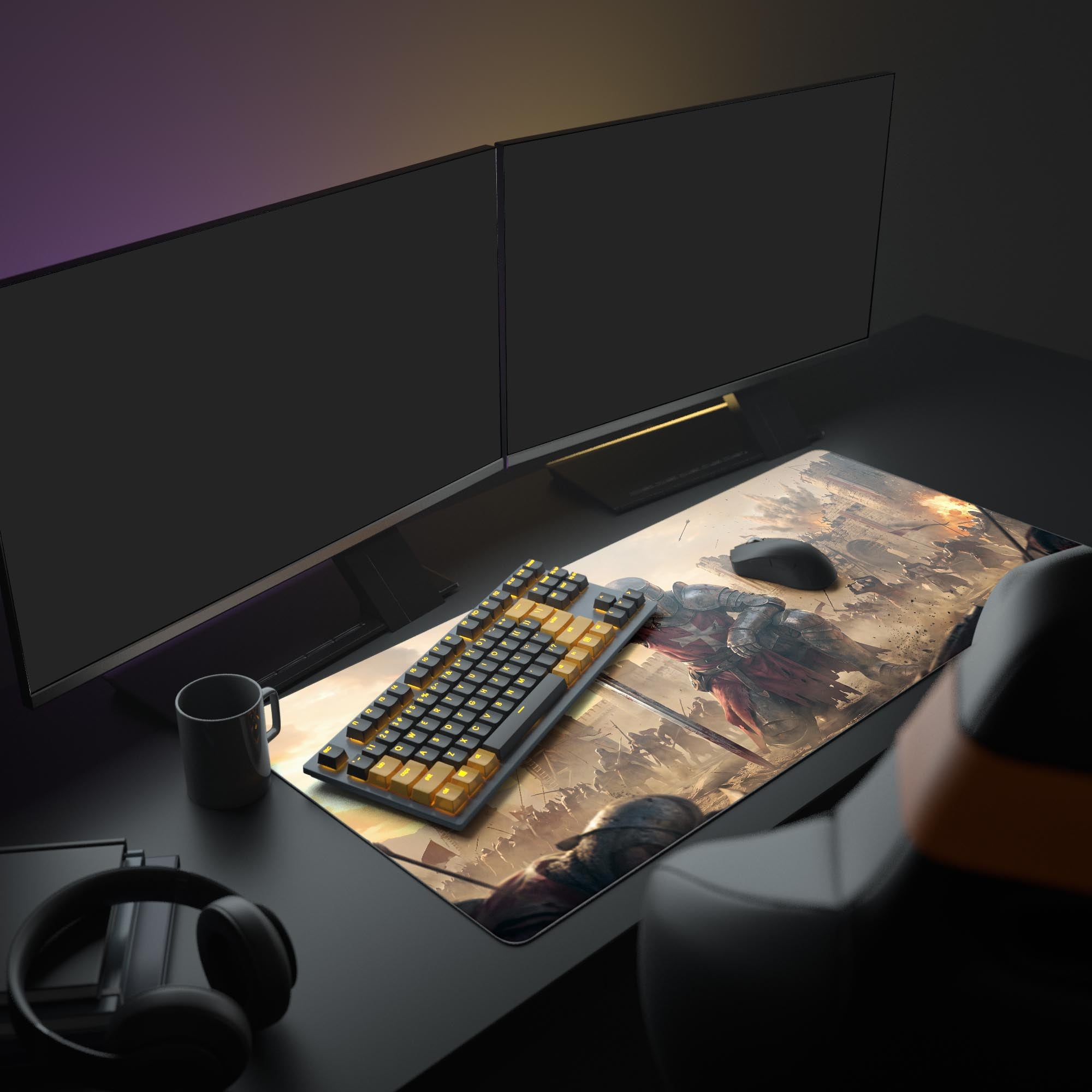 Close-up of the crusader knight artwork on the desk mat showing intricate armor and battlefield details.