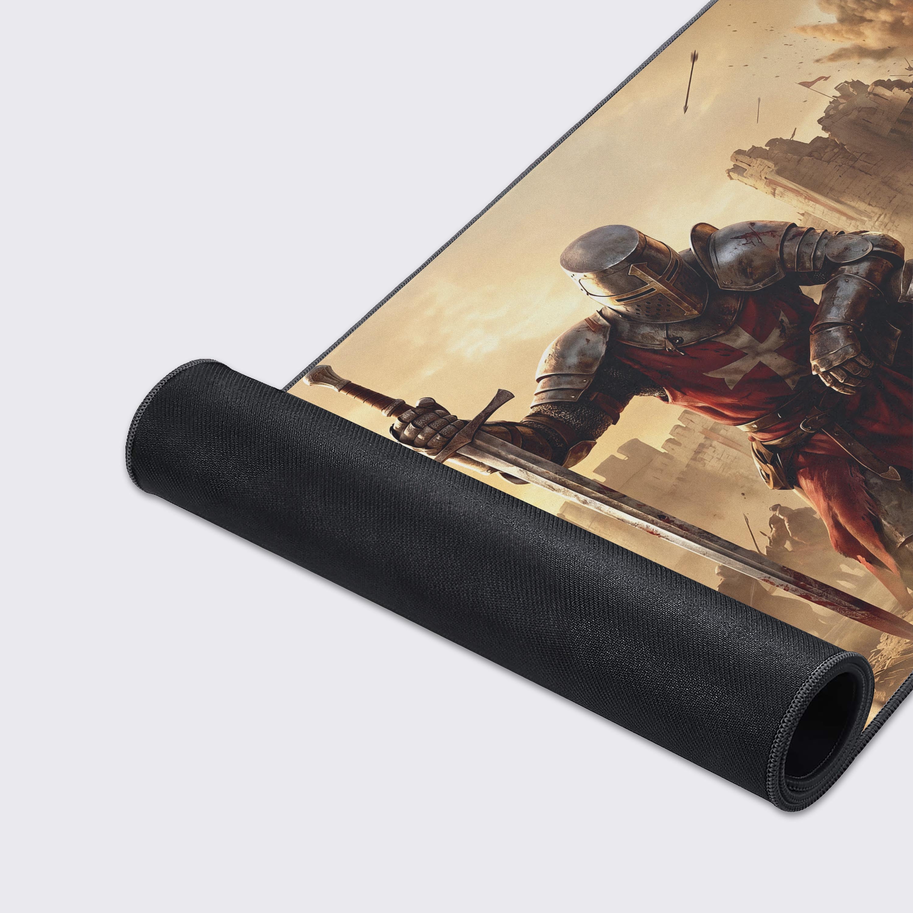 A graphic displaying the desk mat's features: Non-slip rubber base, water-proof, easy to clean, super smooth surface, and crisp prints.