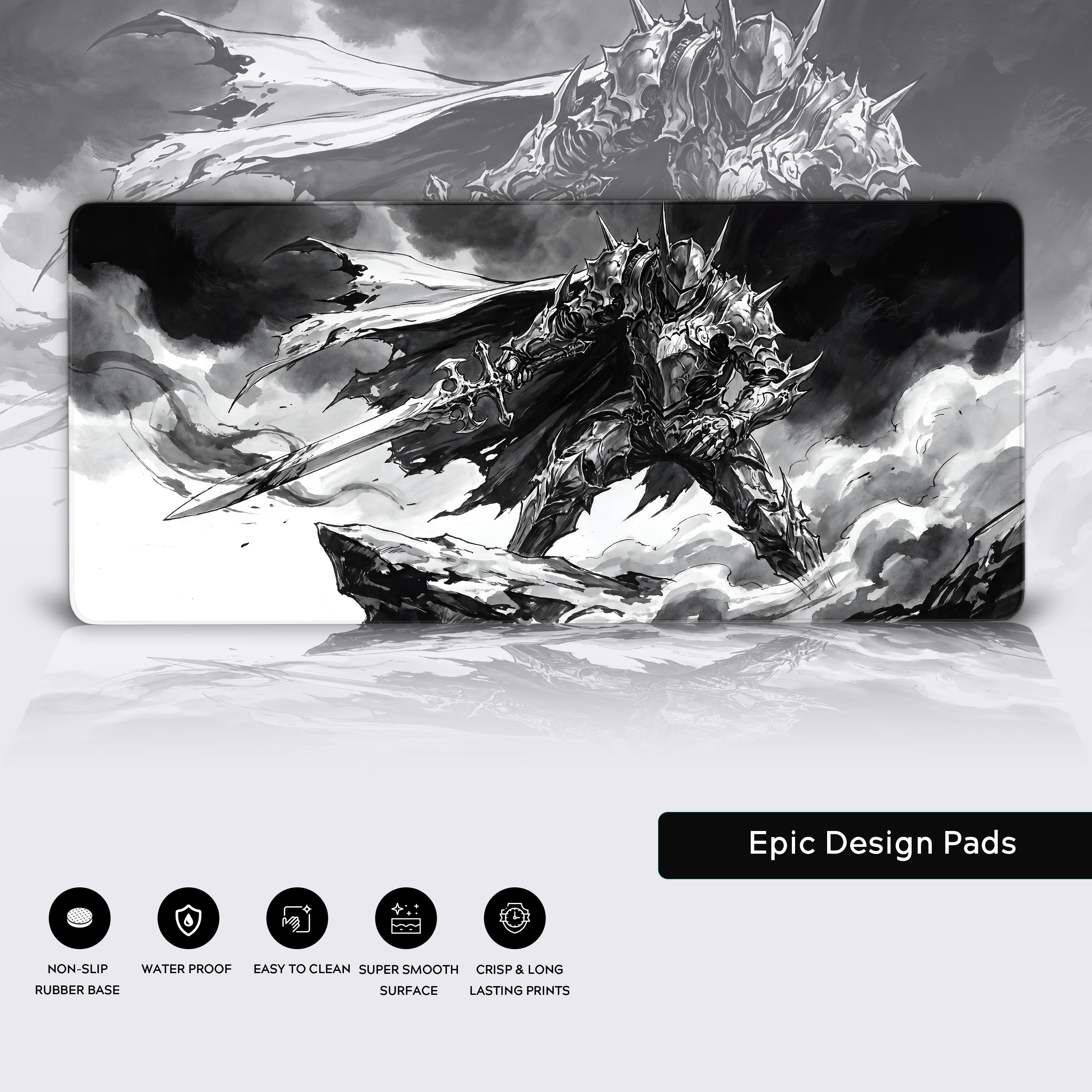 Epic dark warrior desk mat shown seamlessly anchoring a high-end gaming and workspace setup.